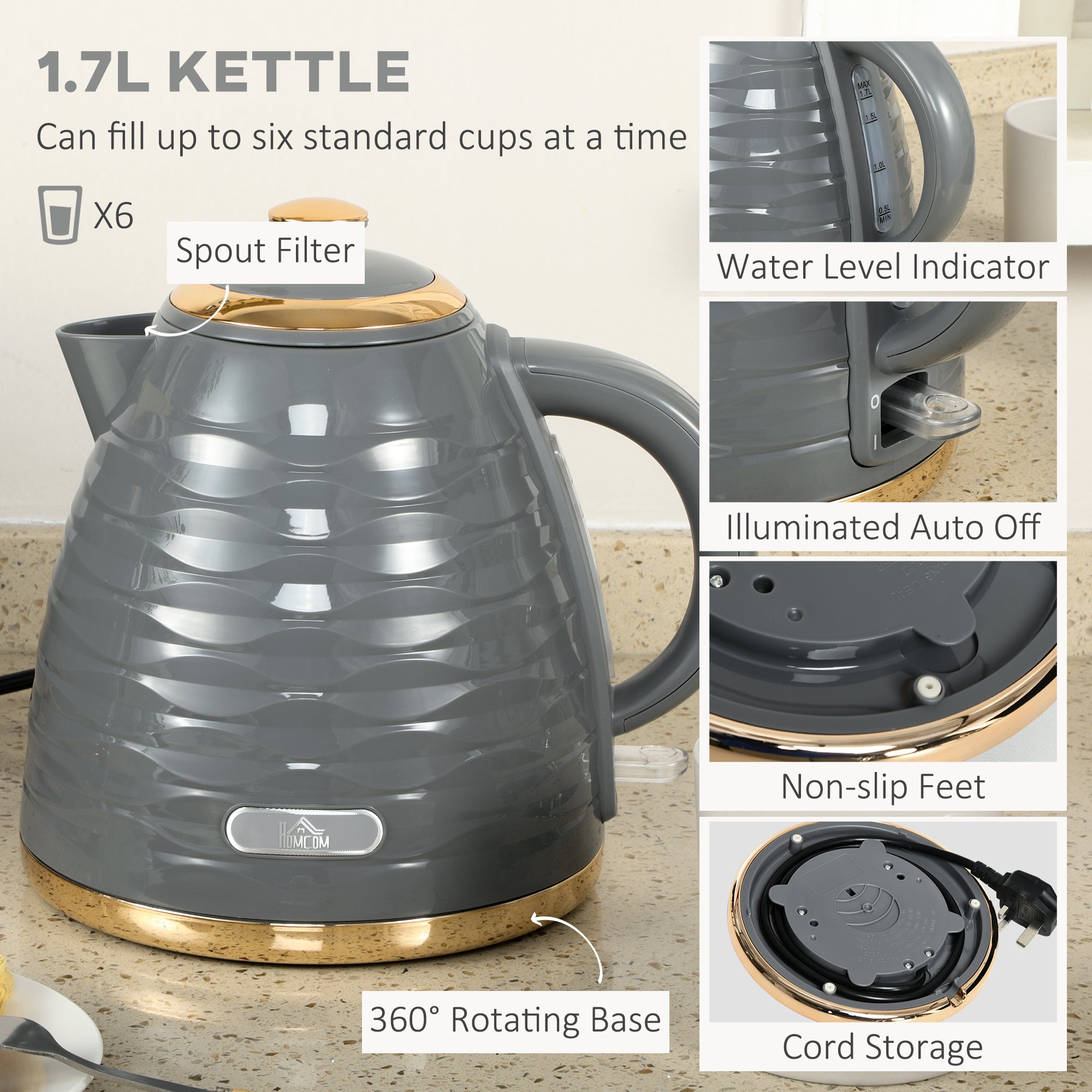 Kettle and Toaster Sets, 1600W 1.7L Rapid Boil Kettle & 4 Slice Toaster w/7 Browning Controls Defrost Reheat Crumb Tray Otter thermostat Grey