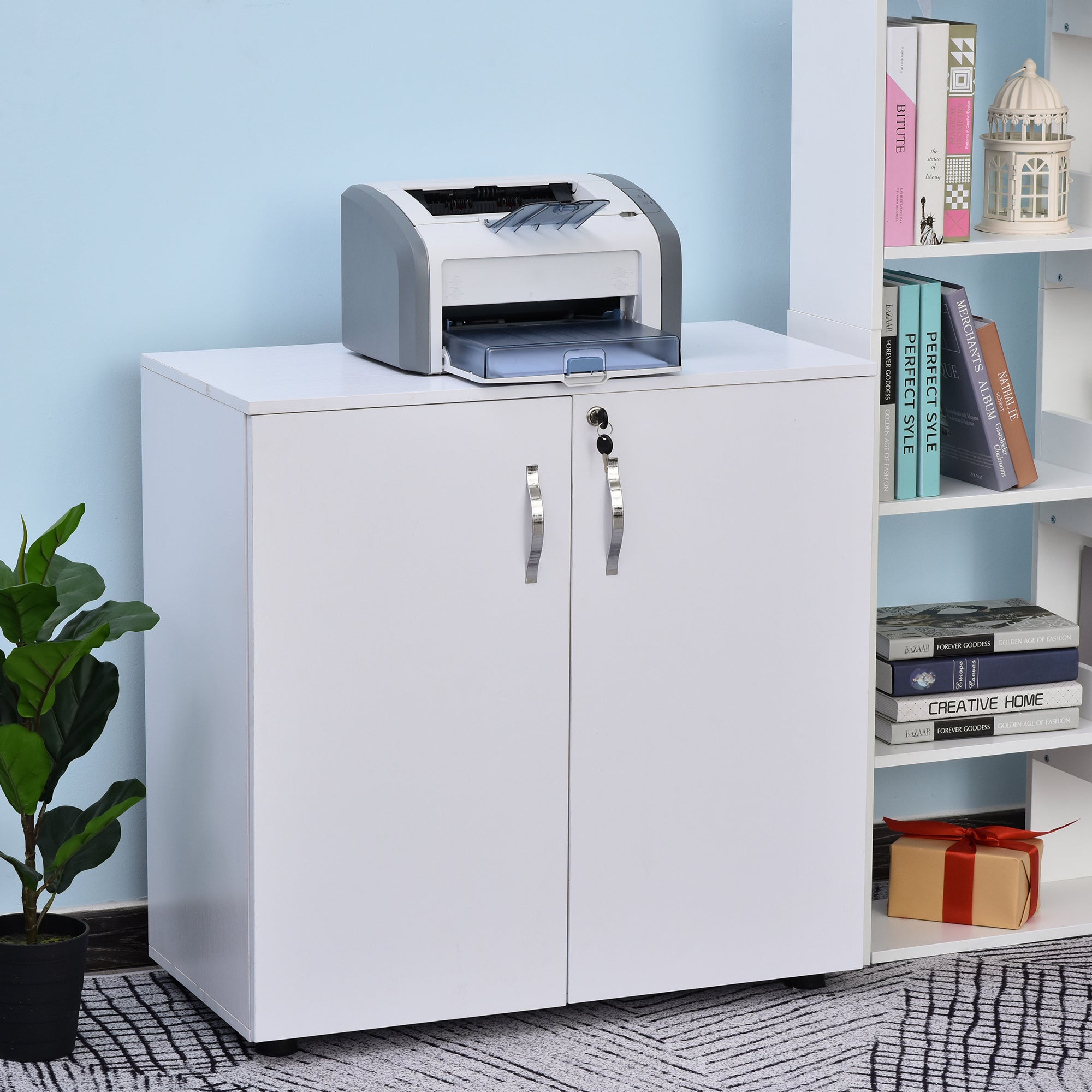 2-Tier Locking Office Storage Cabinet File Organisation w/ Feet Melamine Coating Aluminium Handles 2 Keys Stylish White