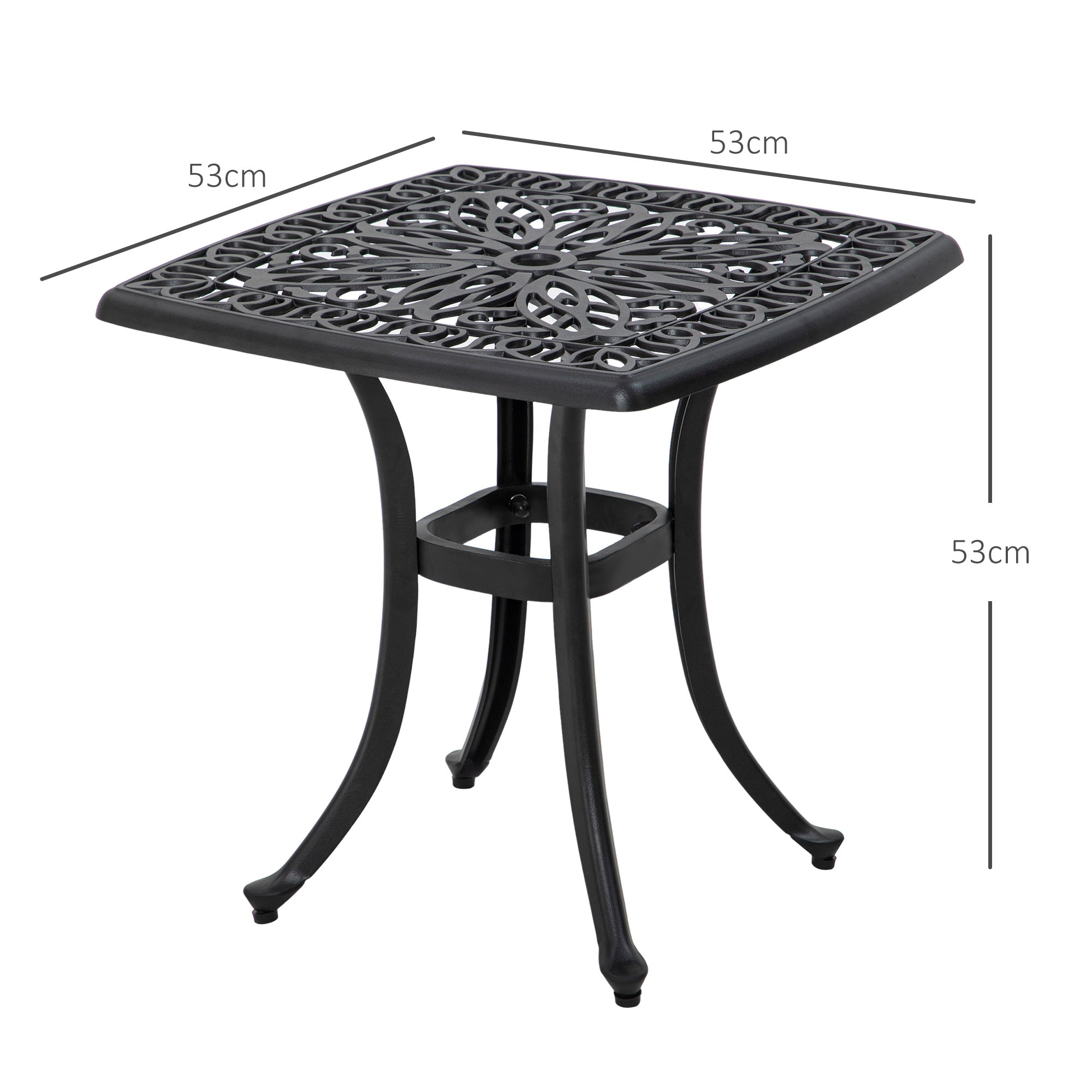 Cast Aluminium Bistro Table, Outdoor Square Side Table with Umbrella Hole, Garden Table for Balcony, Poolside, Black