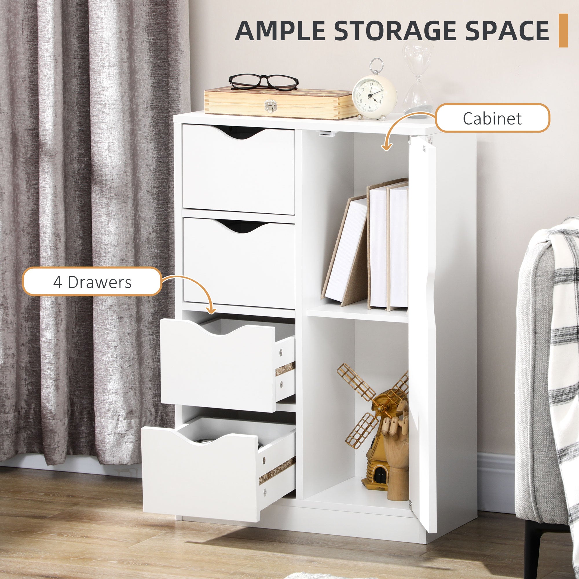 Freestanding Bathroom Cabinet with 4 Drawers & Door Cupboard for Living Room, Kitchen, Bedroom - White