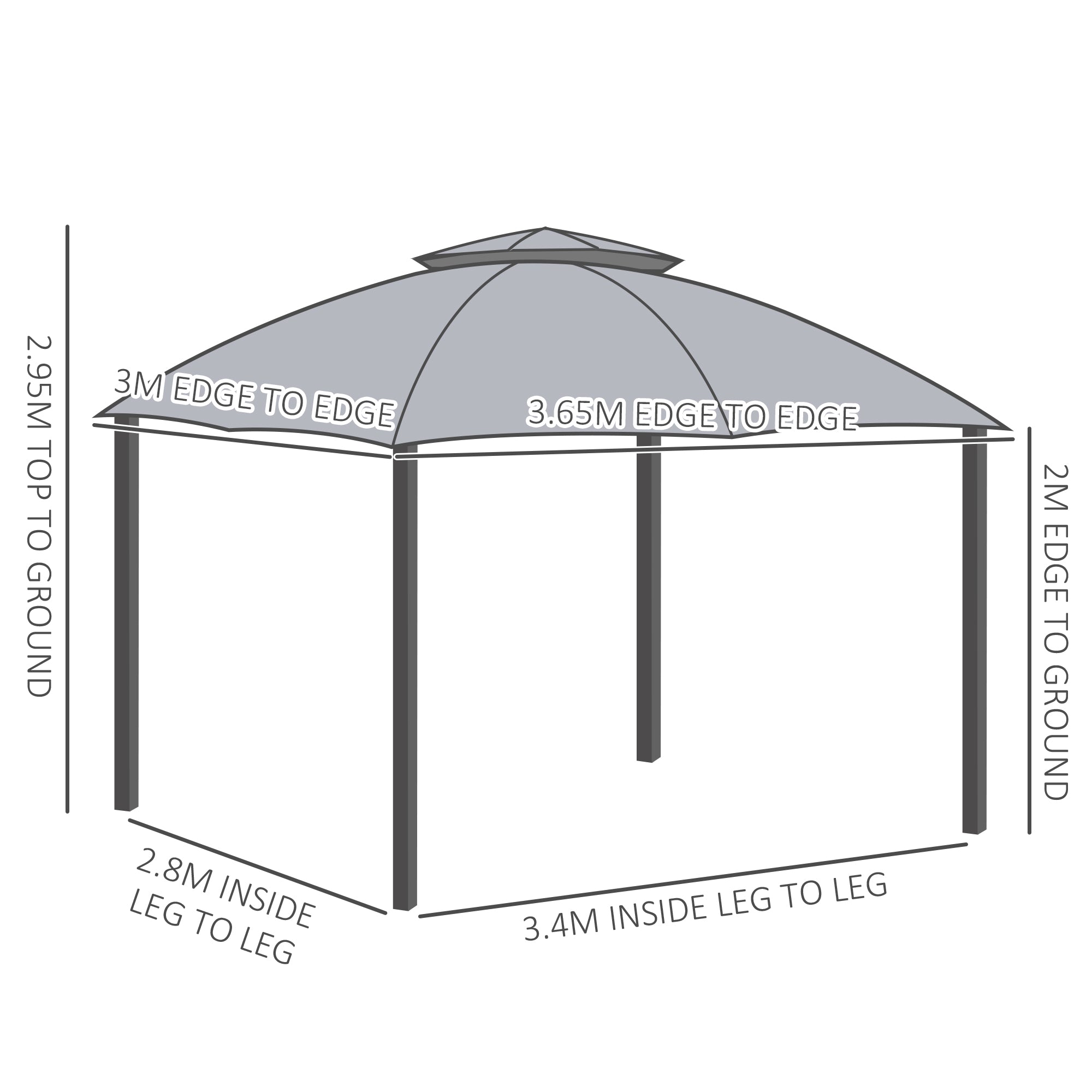 3.7 x 3(m) Metal Gazebo Canopy Party Tent Garden Patio Shelter with Netting Sidewalls & Double Tiered Roof, Grey