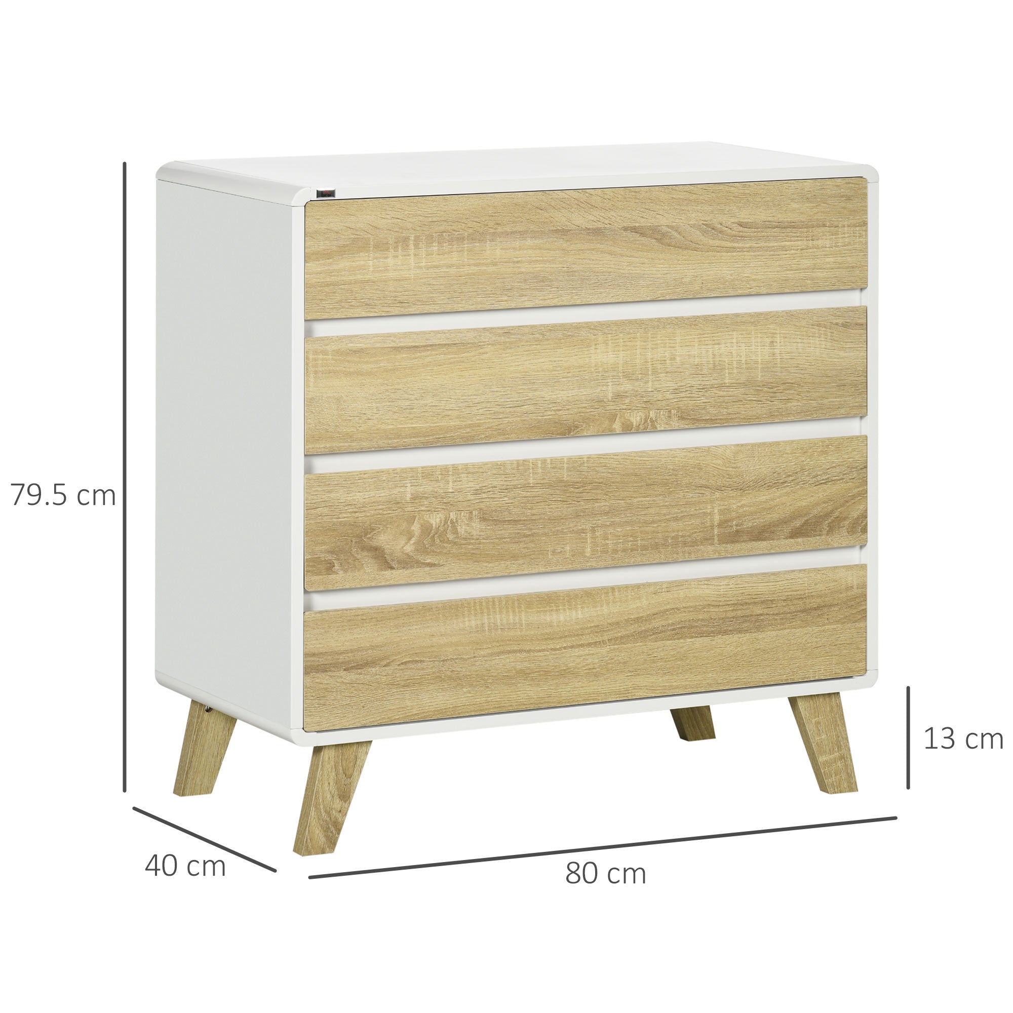 Drawer Chest, 4-Drawer Storage Organiser for Bedroom, Living Room, 80cmx40cmx79.5cm, White and Natural