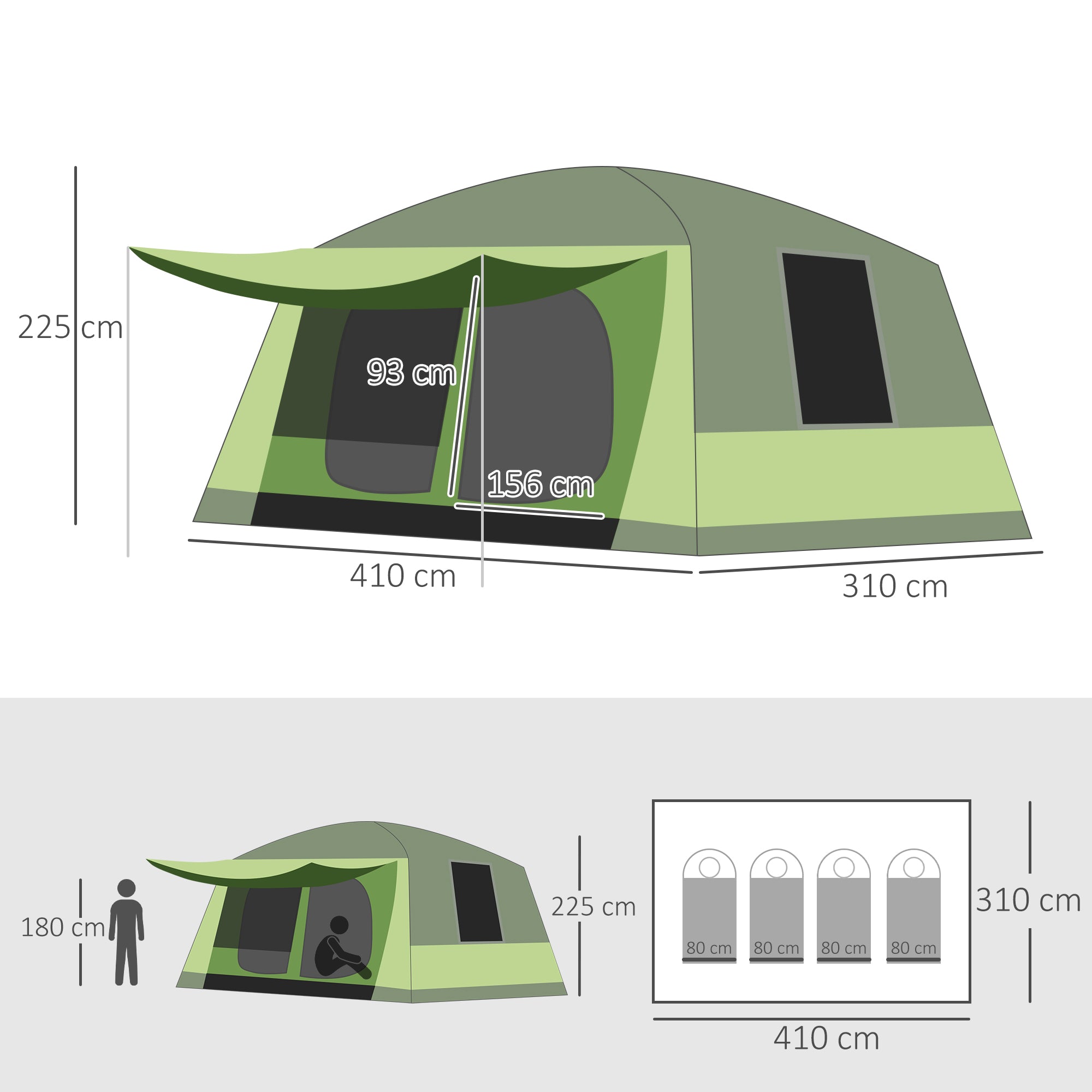 Two Room Dome Tent for 4-8 People with Porch and Mesh Windows - Green
