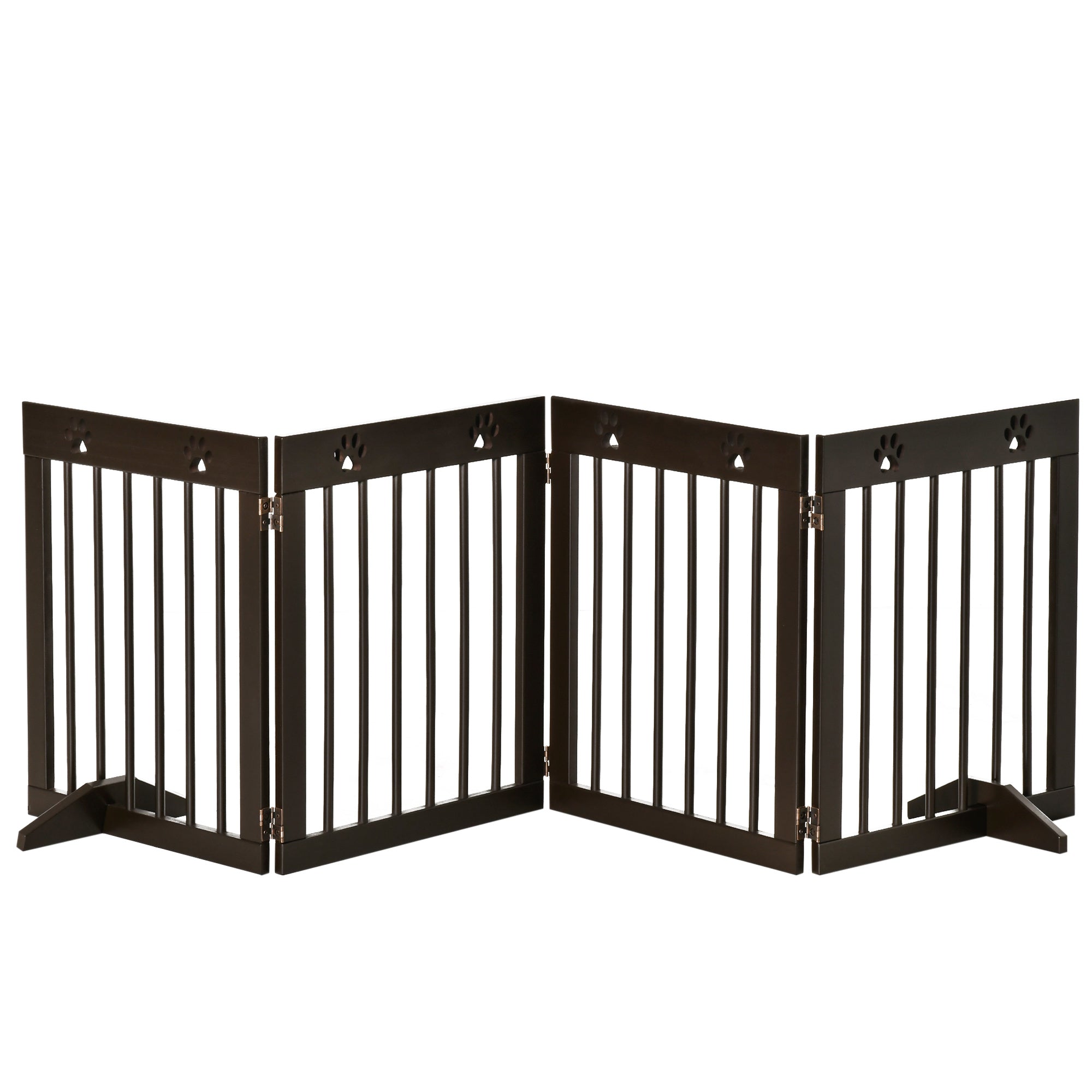 Freestanding Pet Gate 4 Panel Wooden Dog Barrier Folding Safety Fence with Support Feet up to 204cm Long 61cm Tall for Doorway Stairs Brown