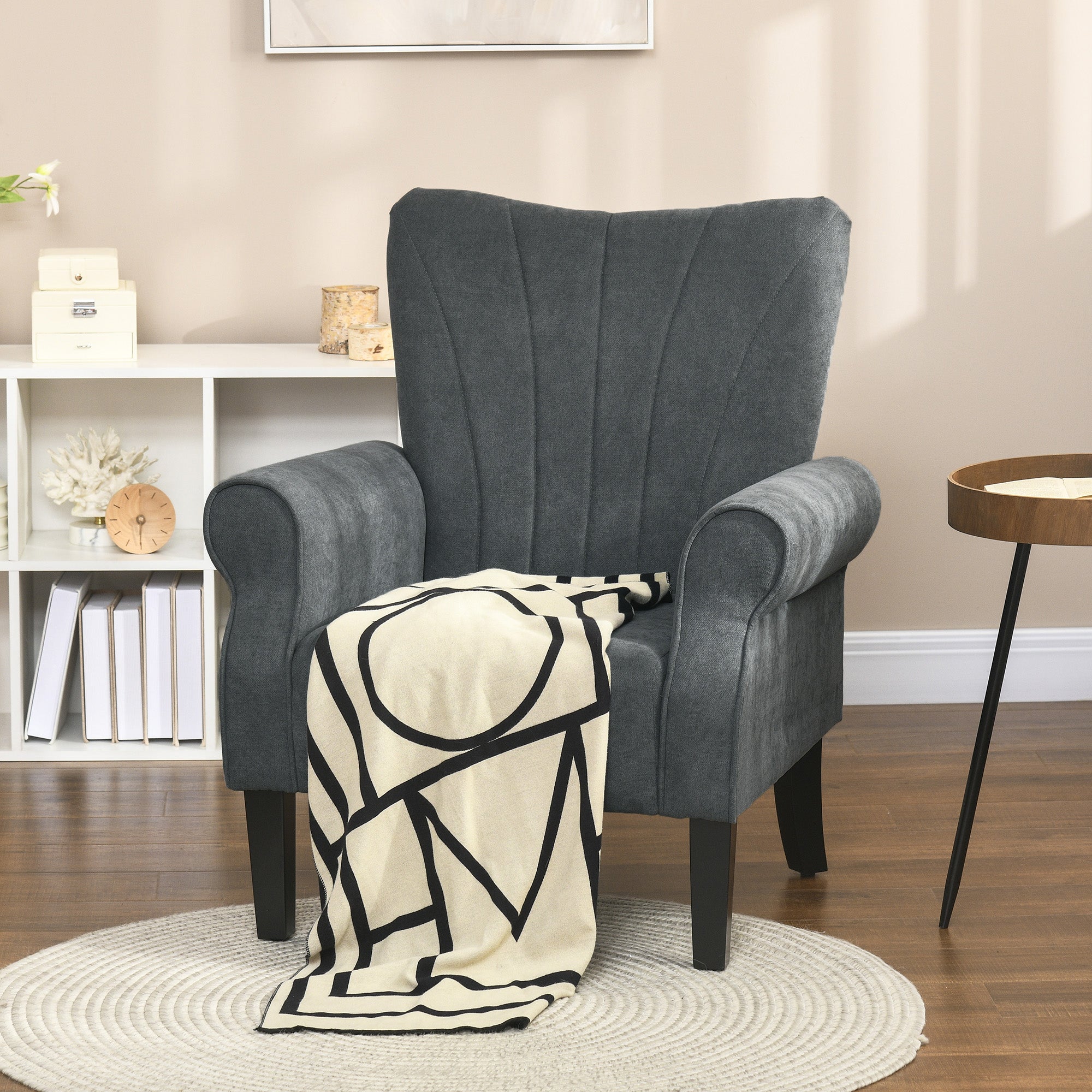 Upholstered Accent Chair with High Back, Rolled Arms and Wood Legs, Soft Thick Padded Armchair, Grey