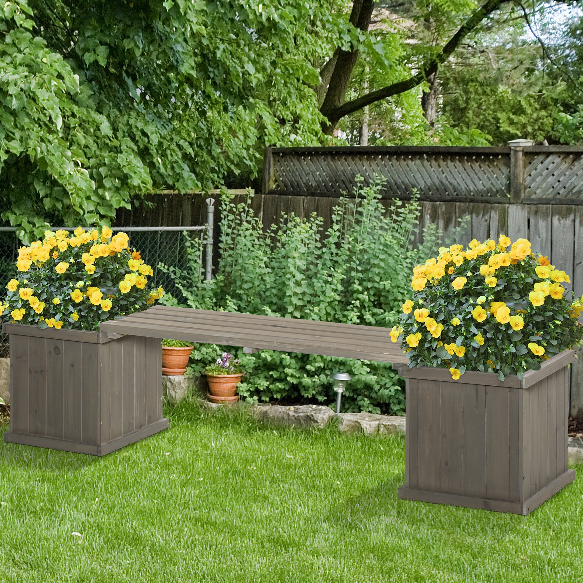 Wooden Garden Planter & Bench Combination Garden Raised Bed Patio Park Grey 176 x 38 x 40 cm