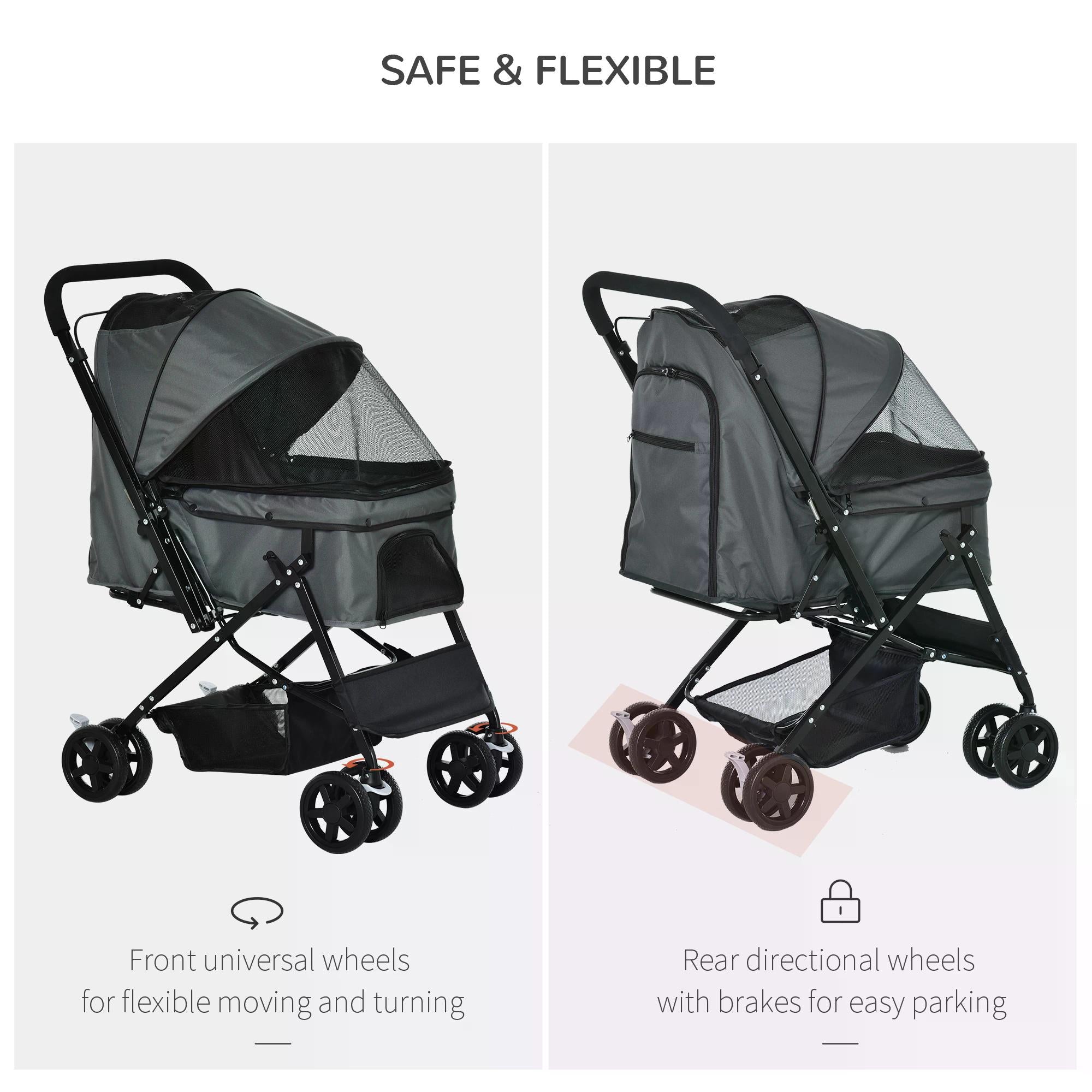 Pet Stroller Dog Pushchair Foldable Jogger with Reversible Handle EVA Wheel Brake Basket Adjustable Canopy Safety Leash Grey