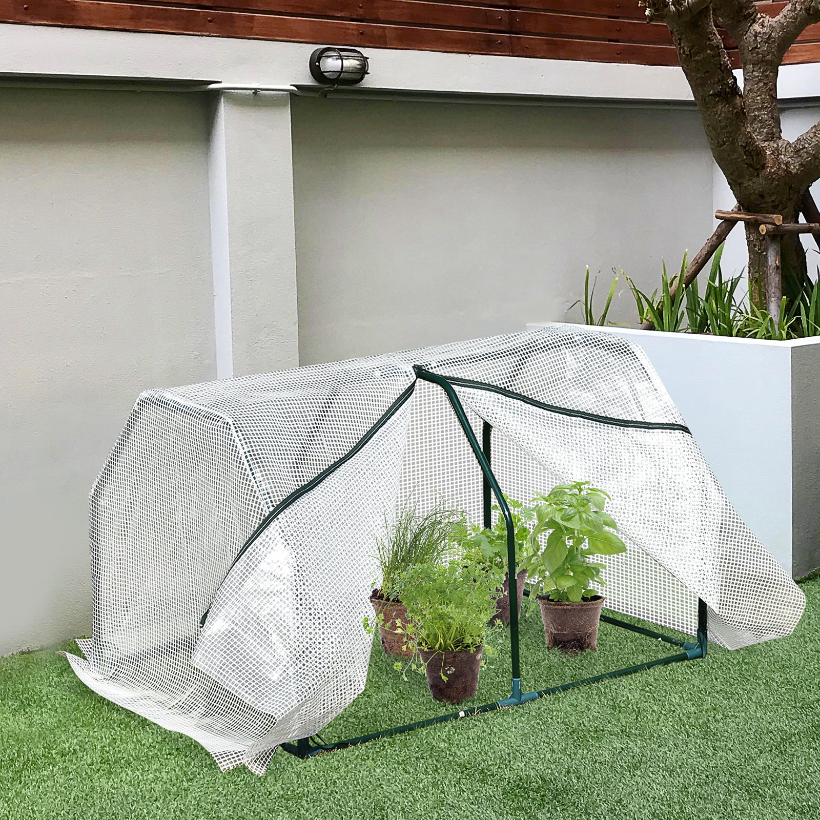 Mini Greenhouse Portable Garden Greenhouse Metal Frame Grow House with PVC Cover, Middle Zip Fastening, 99 x 71 x 60 cm, White