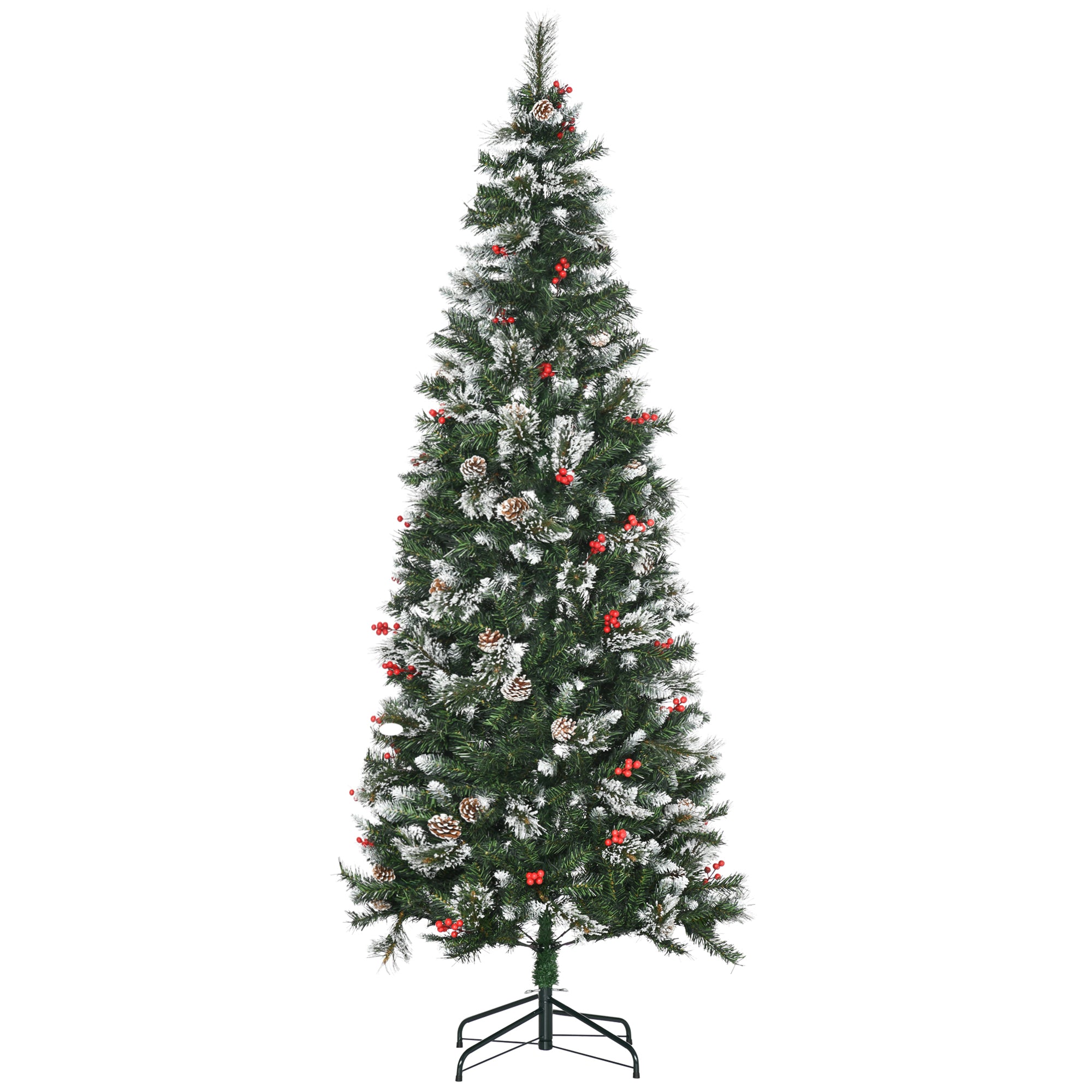 7 Foot Snow Dipped Artificial Christmas Tree Slim Pencil Xmas Tree with 738 Realistic Branches, Pine Cones, Red Berries, Auto Open, Green