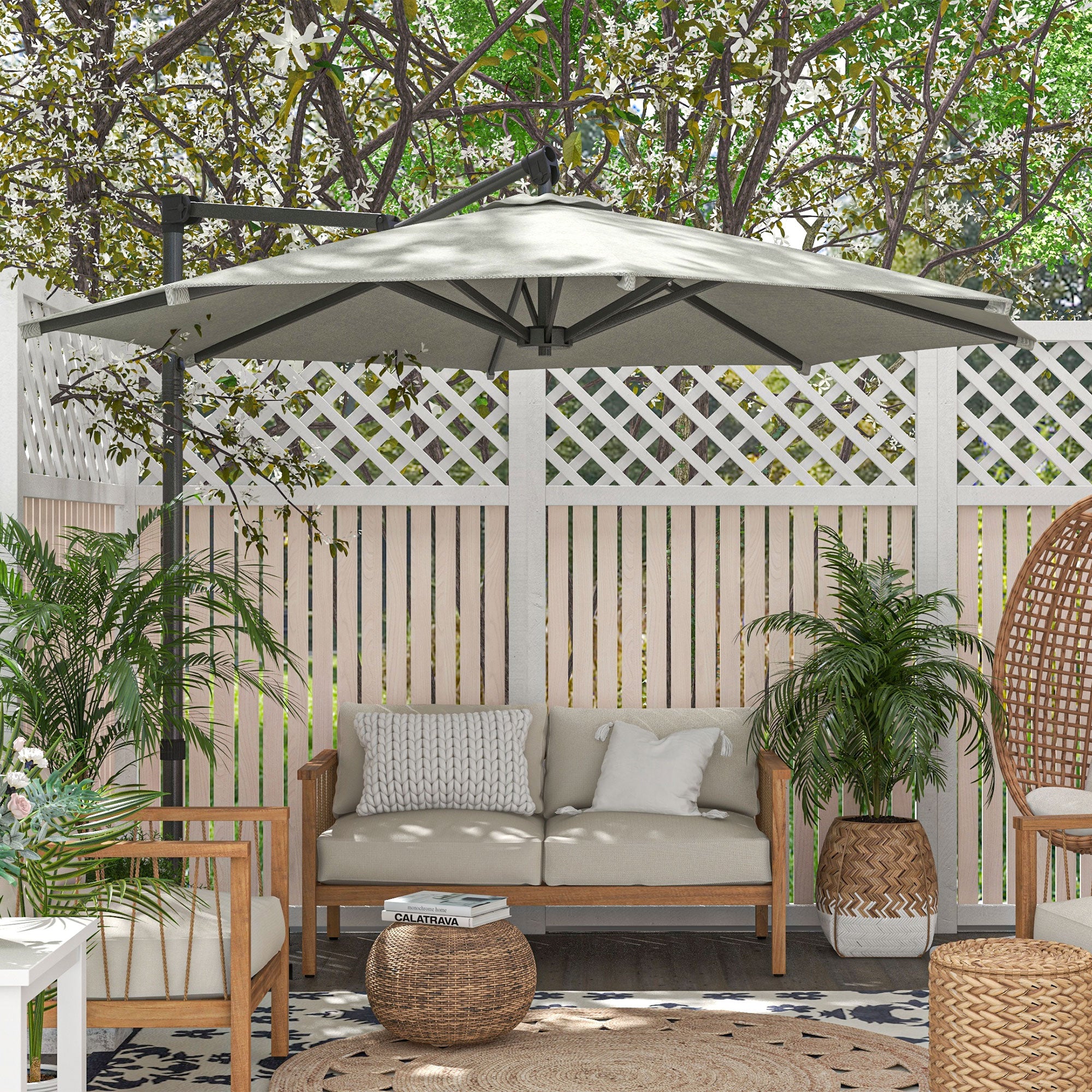3 m Cantilever Banana Parasol with Cross Base, 360° Rotation Patio Umbrella with Crank Handle, Tilt, Beige