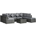 8-Piece PE Rattan Corner Sofa Set with Tempered Glass Table and Washable Cushions - Grey