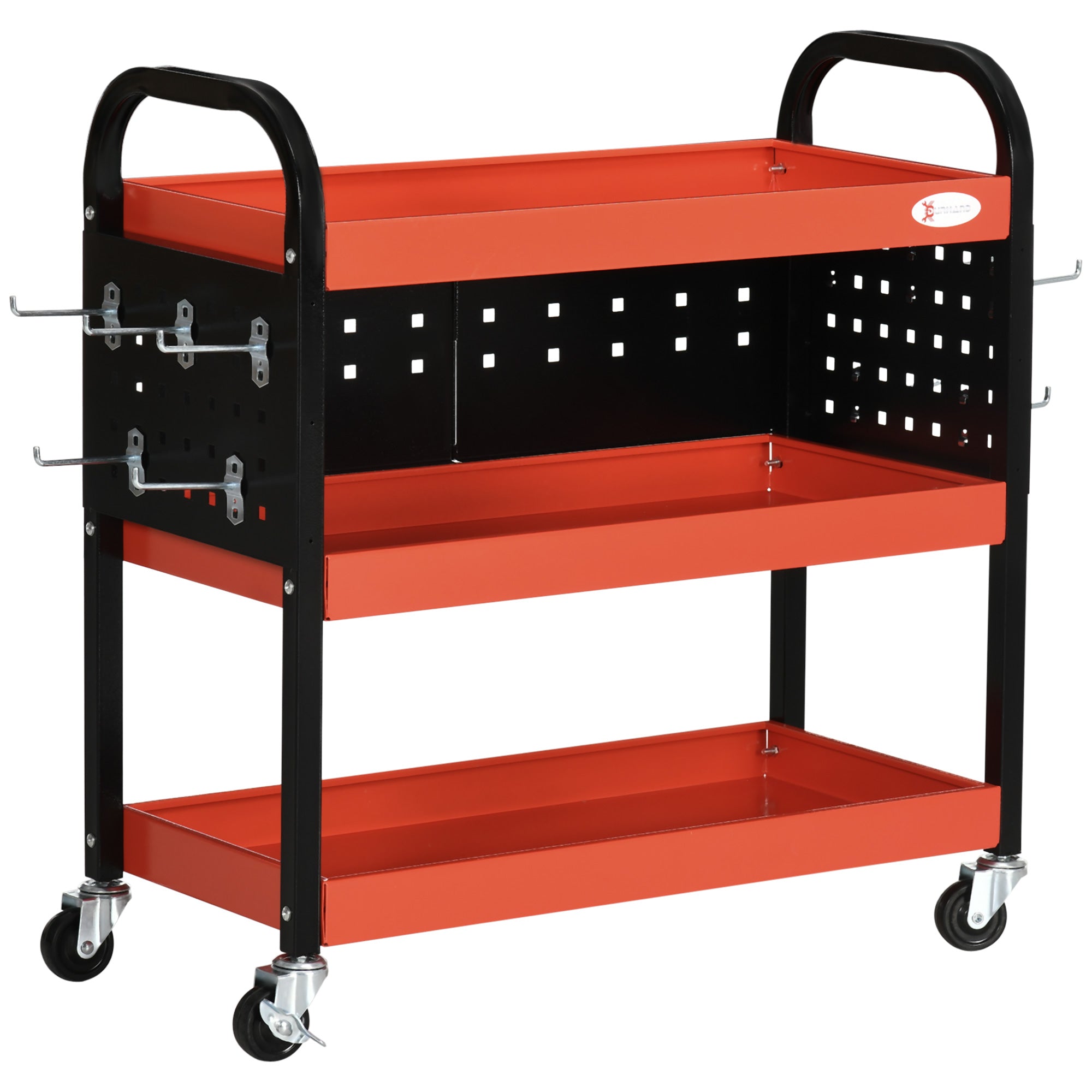 3 Tier Shelf Tool Cart Storage Trolley Wheel Cart for Garage Workshop Warehouse DIY Tool with 10 Hooks 100 kg Red