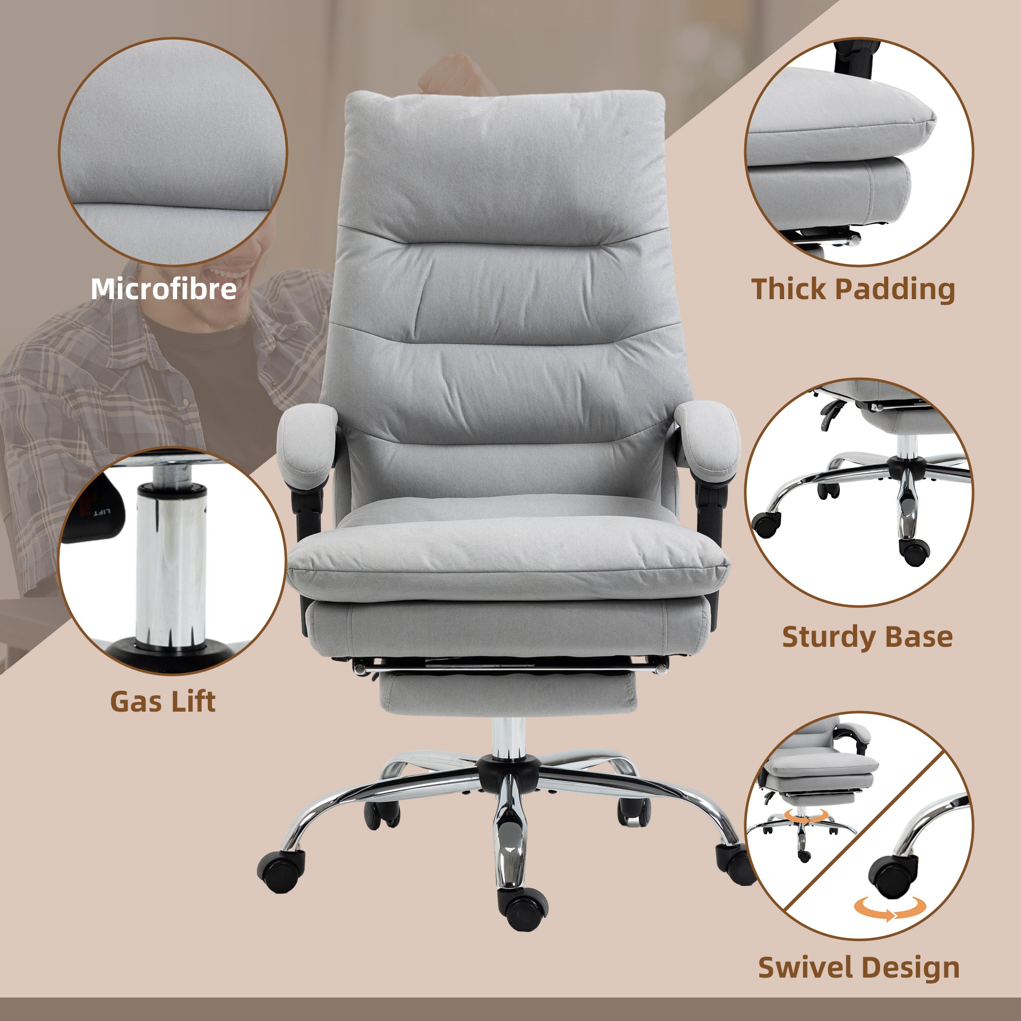 Vibration Massage Office Chair with Heat, Microfibre Computer Chair with Footrest, Armrest, Reclining Back, Double-tier Padding, Grey