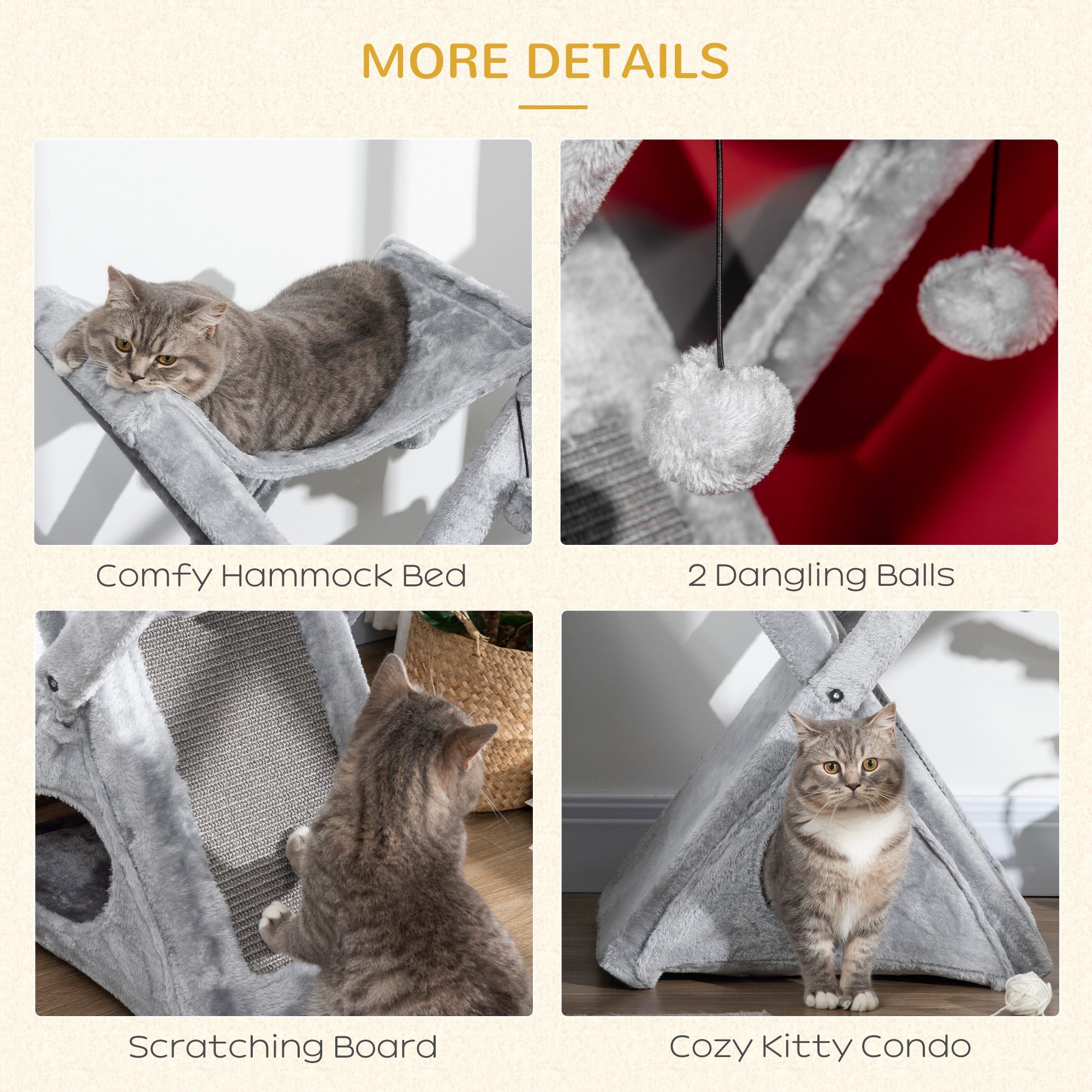 Two Tier Cat Tree Tower Scratching Post, 50L x 32W x 65Hcm-Grey