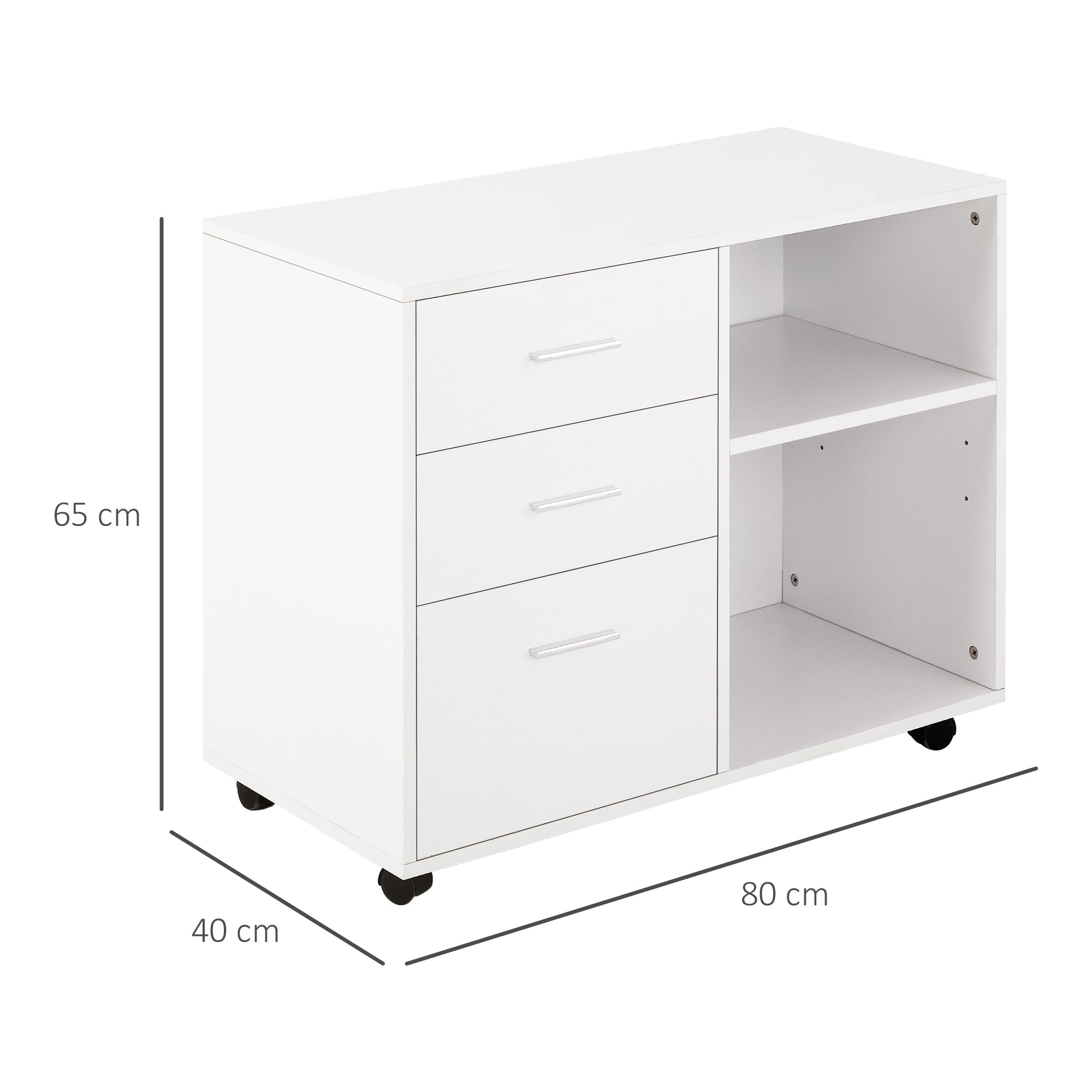 Freestanding Printer Stand Unit Office Desk Side Mobile Storage w/ Wheels 3 Drawers, 2 Open Shelves Modern Style 80L x 40W x 65H cm - White