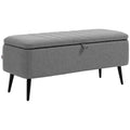 Rectangular Storage Ottoman with Flip Top and Steel Legs Upholstered in Grey Linen Fabric - Grey