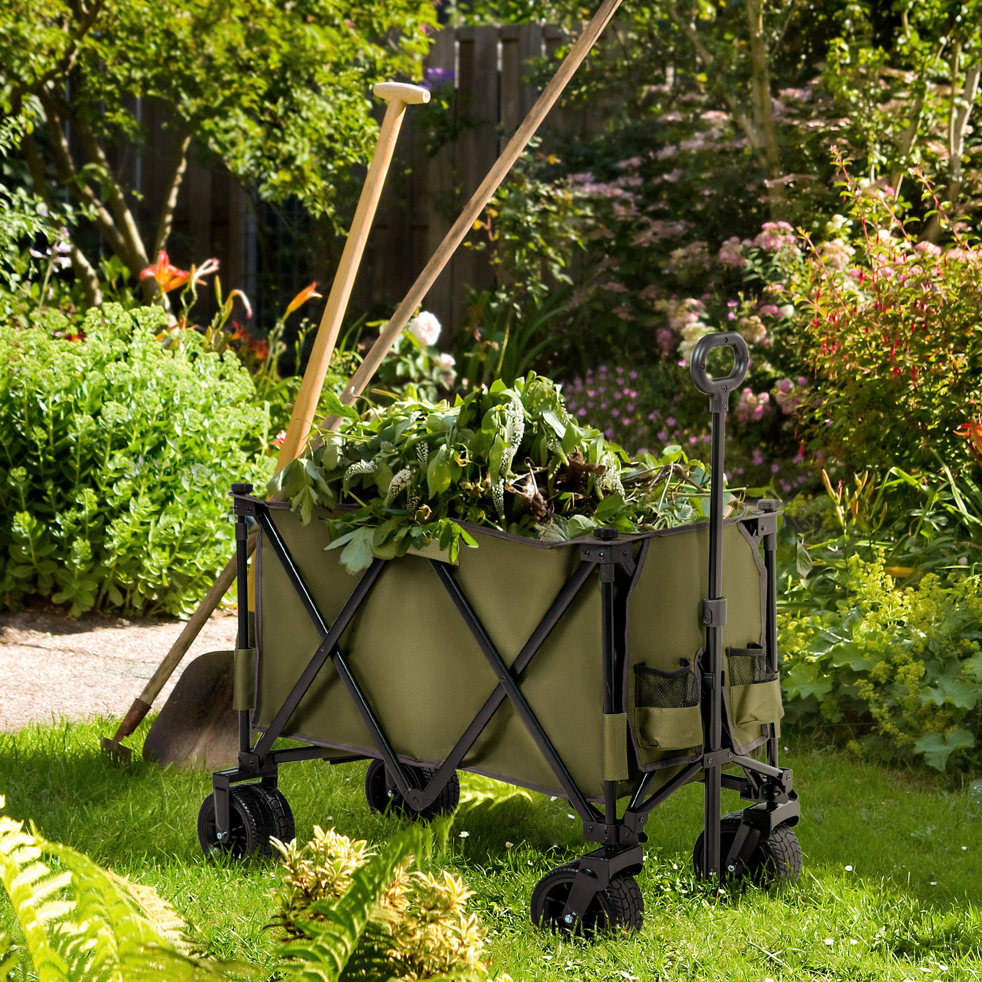 Folding Garden Trolley on Wheels, Collapsible Camping Trolley, Outdoor Utility Wagon with Steel Frame and Oxford Fabric, Green