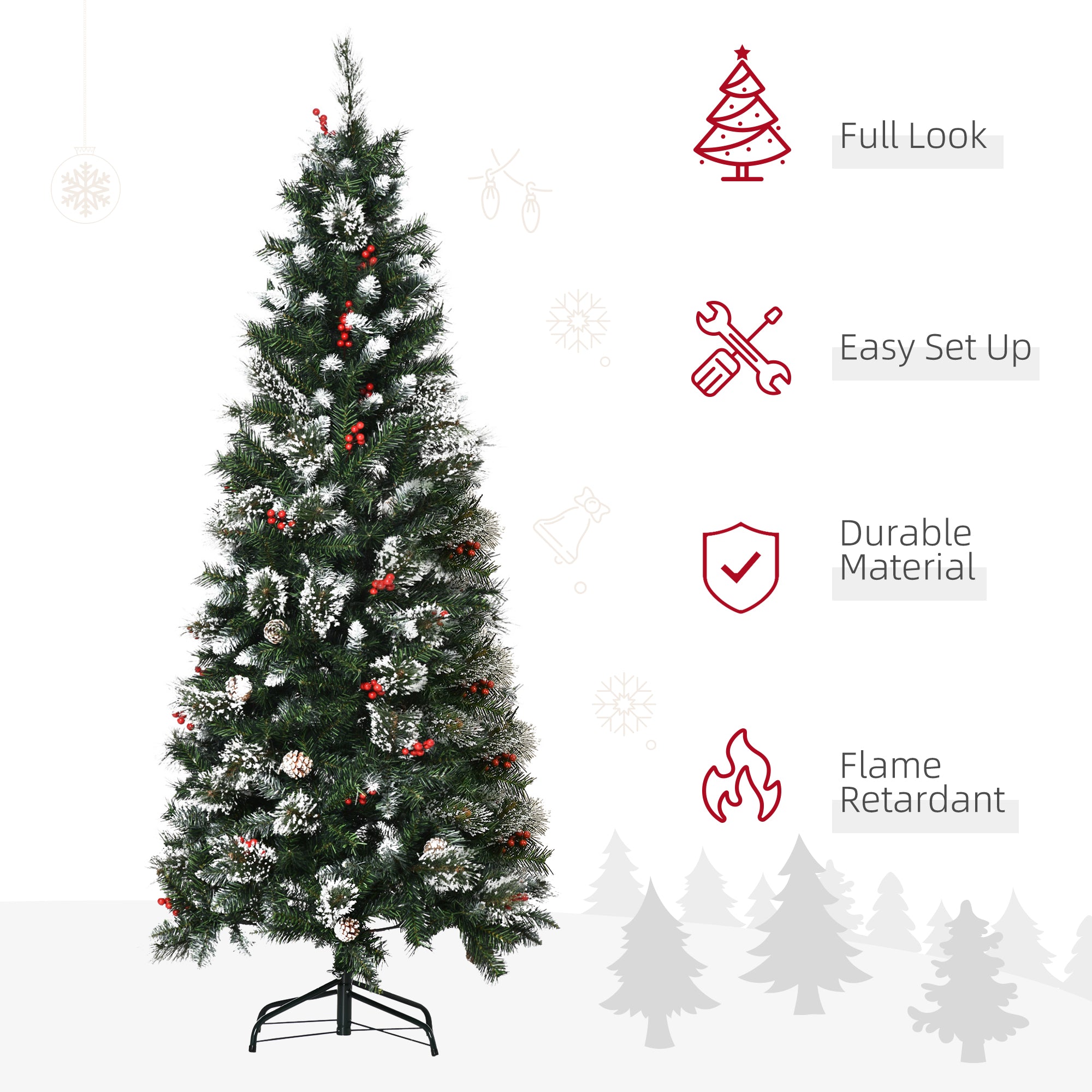 6 Foot Snow Dipped Artificial Christmas Tree Slim Pencil Xmas Tree with 588 Realistic Branches, Pine Cones, Red Berries, Auto Open, Green