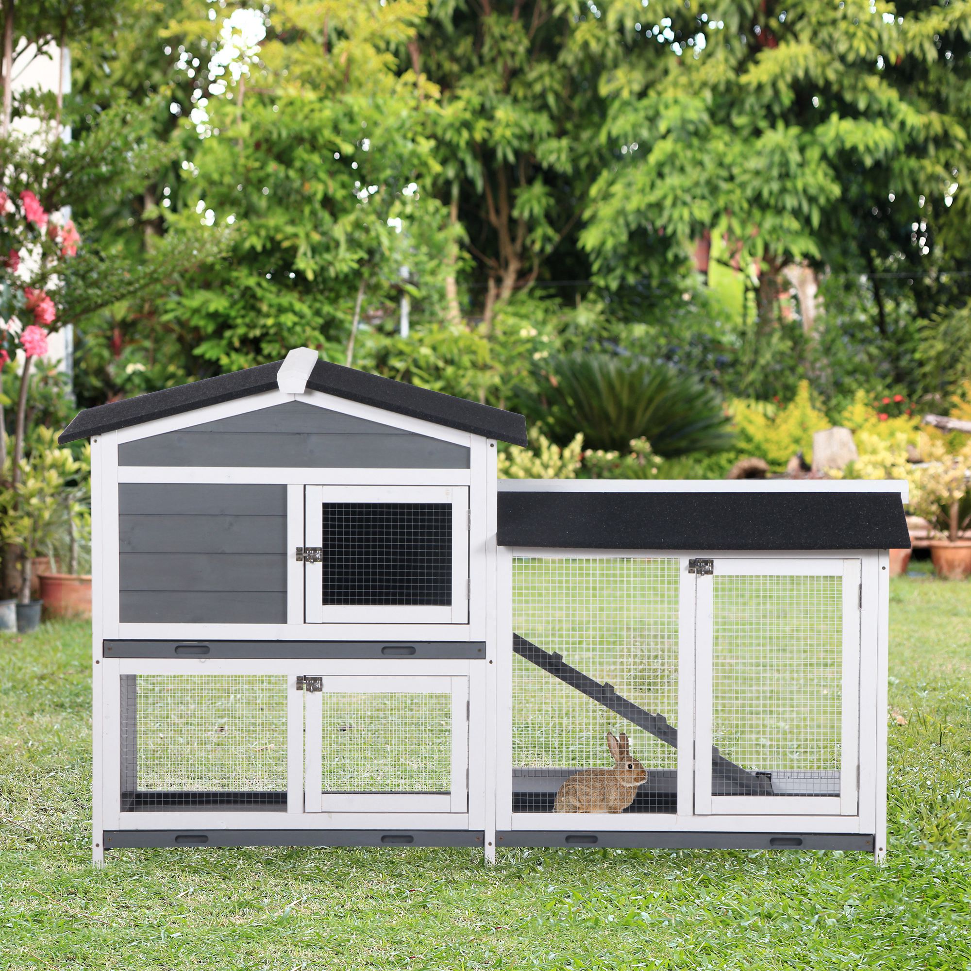 Wooden 2-Tier Rabbit Hutch w/ Tray Ramp Grey