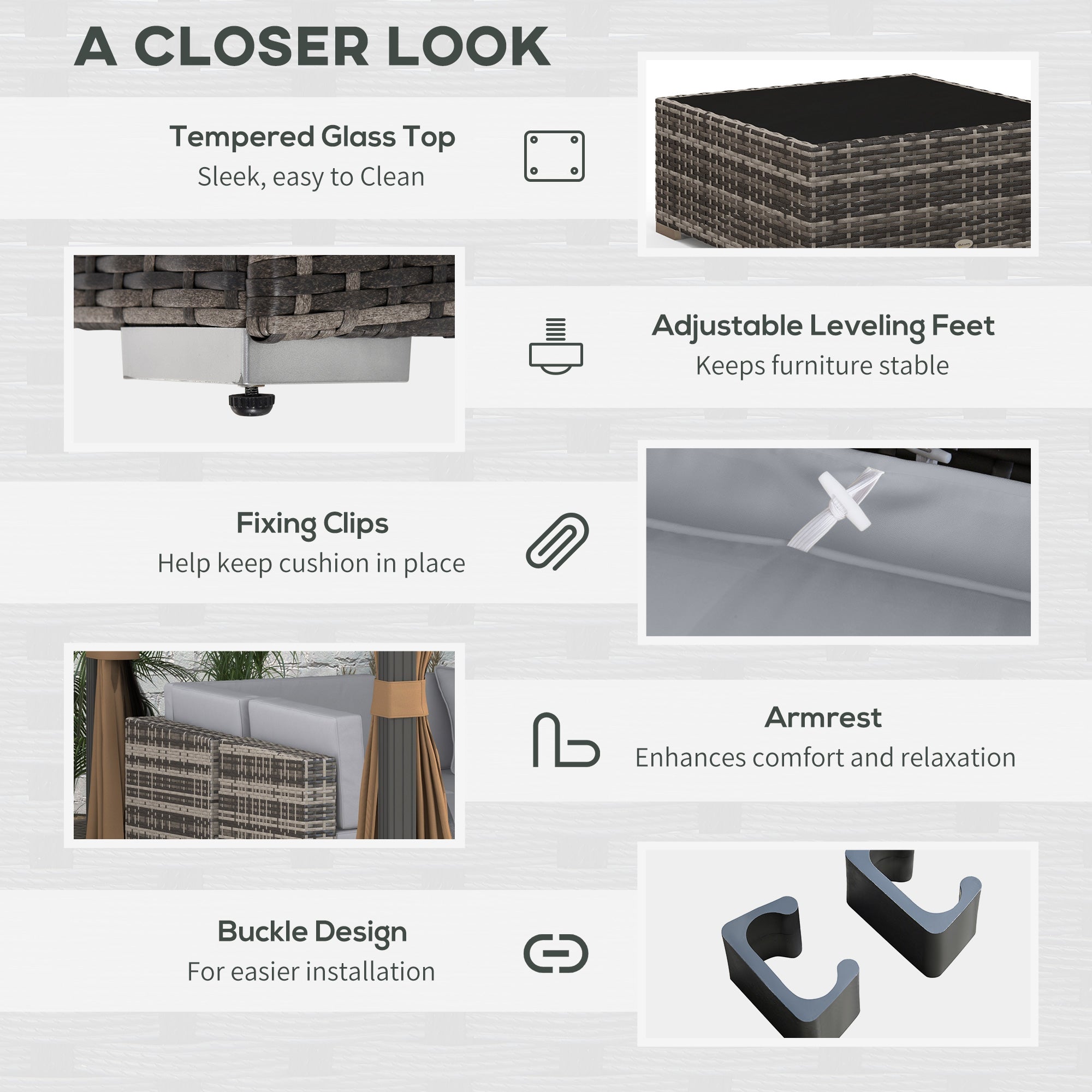 7-Piece PE Rattan Garden Furniture Set with Cushions & Glass Coffee Table - Mixed Grey