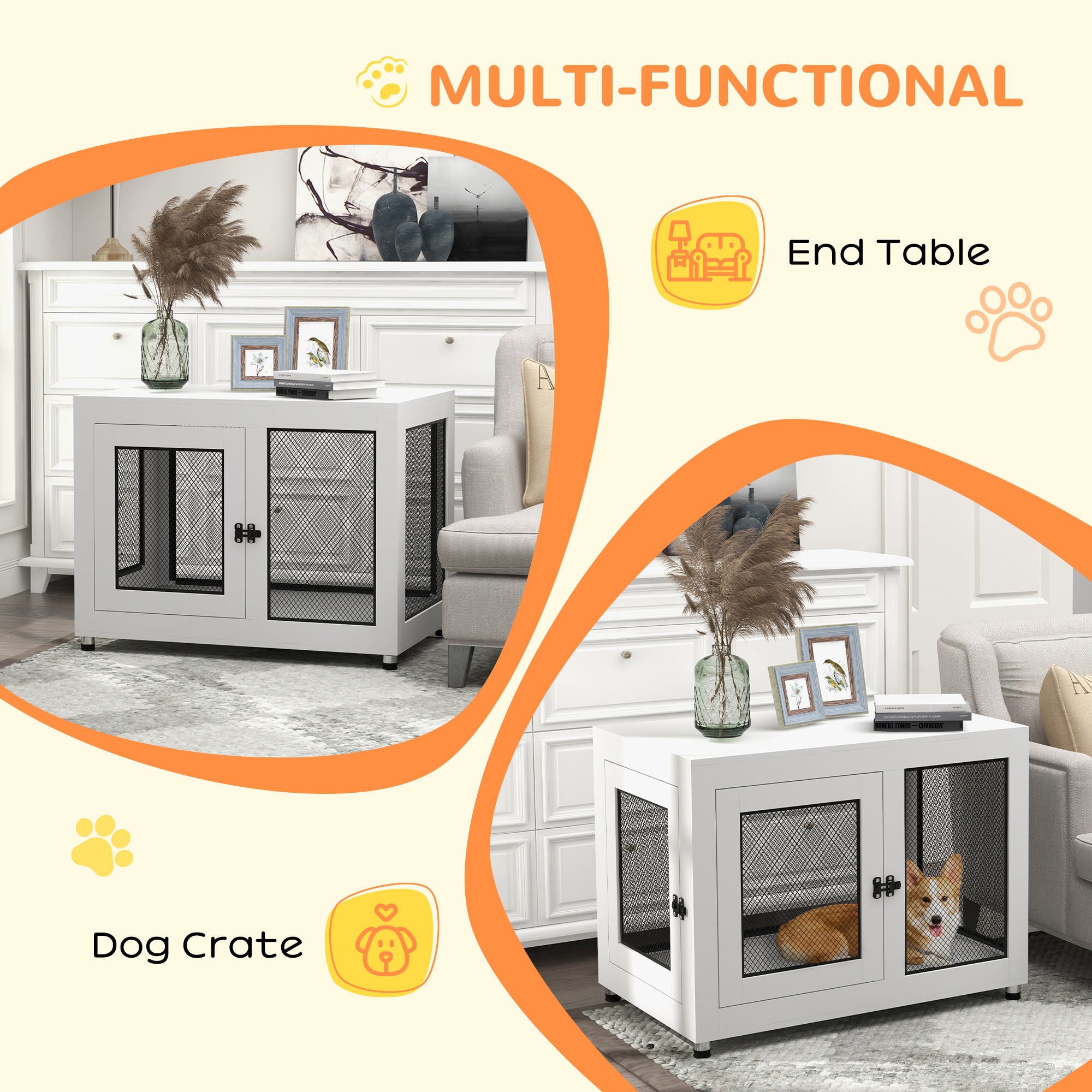 2-in-1 Dog Cage & Side Table, with Two Doors, Cushion, for Large Dogs