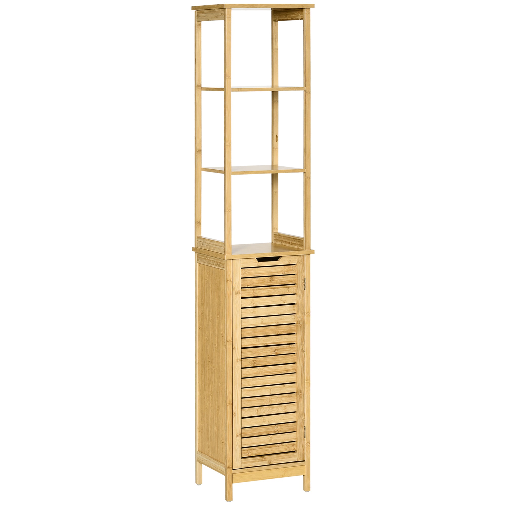 Bathroom Floor Cabinet with 3 Shelves and Cupboard, Slim and Freestanding Organiser, Tallboy with Storage, Natural