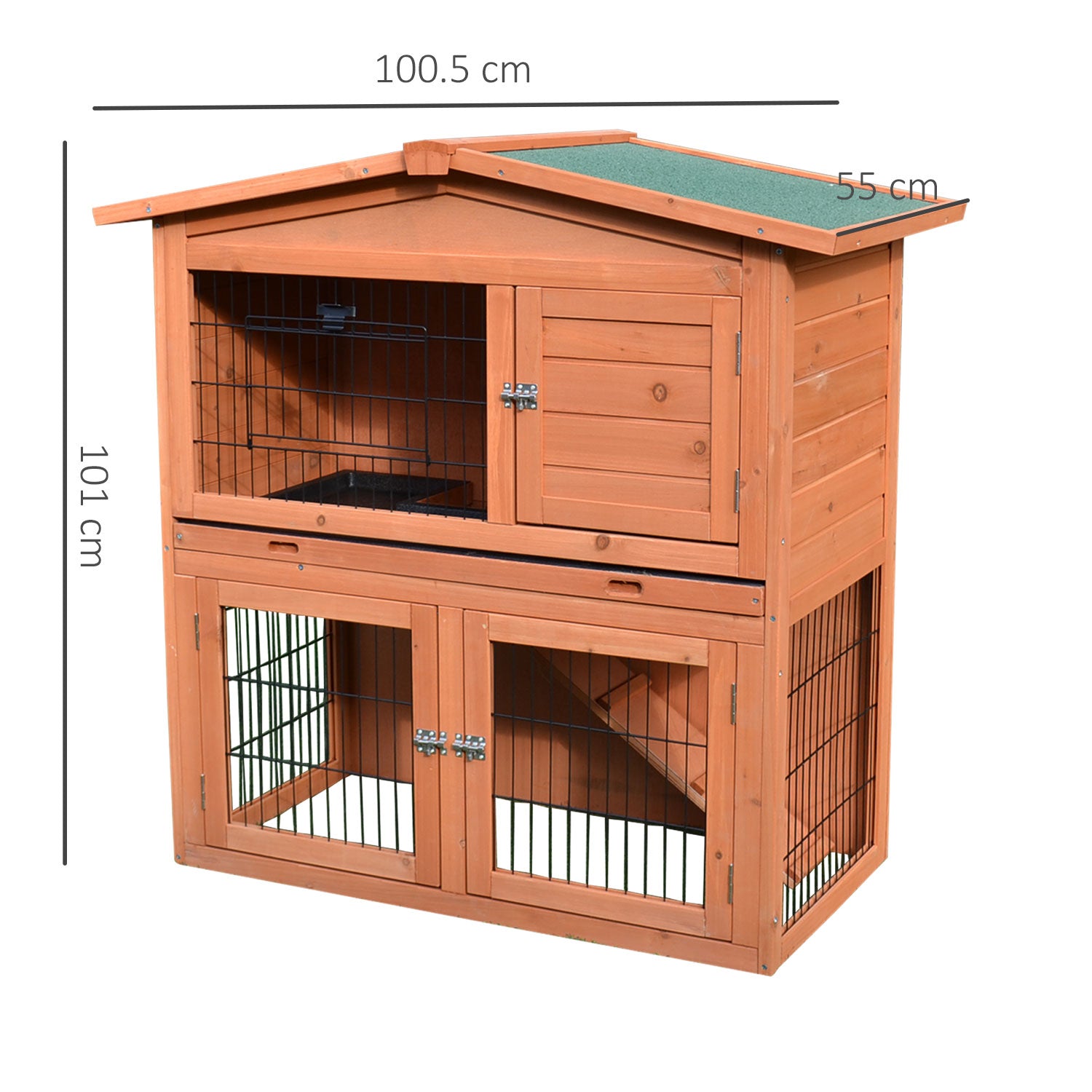 2 Tier Rabbit Hutch Guinea Pig Hutch Ferret Cage with Ramp Slide Out Tray for Indoor Outdoor 100.5 x 55 x 101 cm