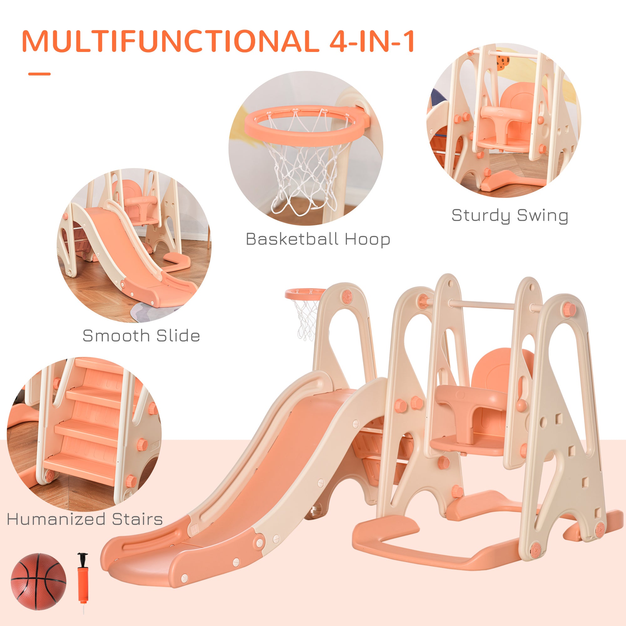 3 in 1 Design Kids Swing and Slide Set with Basketball Hoop Toddler Playground Play Set Fun Climber Set Activity Center Play Equipment Pink