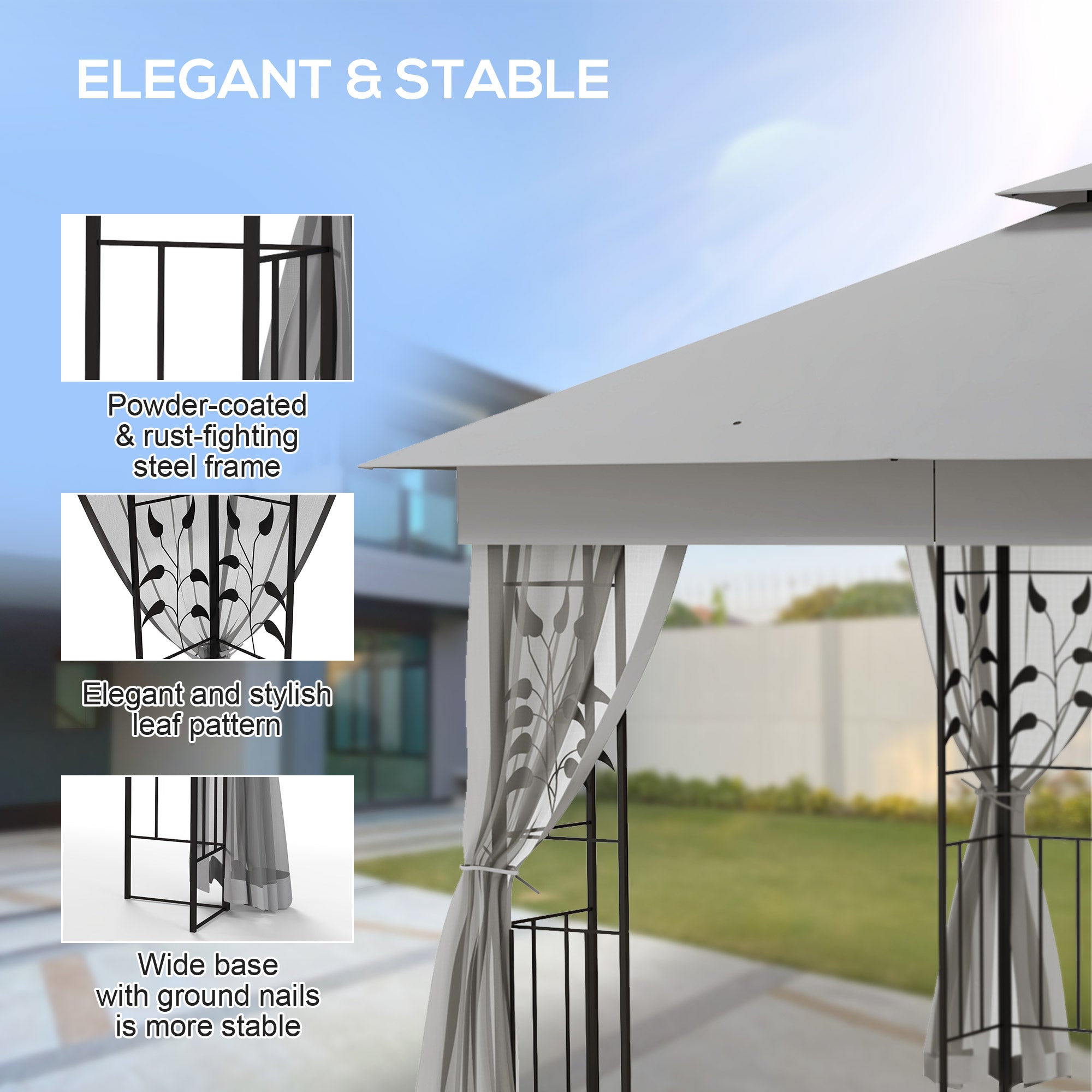 3(m) x 3(m) Double Roof Outdoor Garden Gazebo Canopy Shelter with Netting, Solid Steel Frame, Light Grey