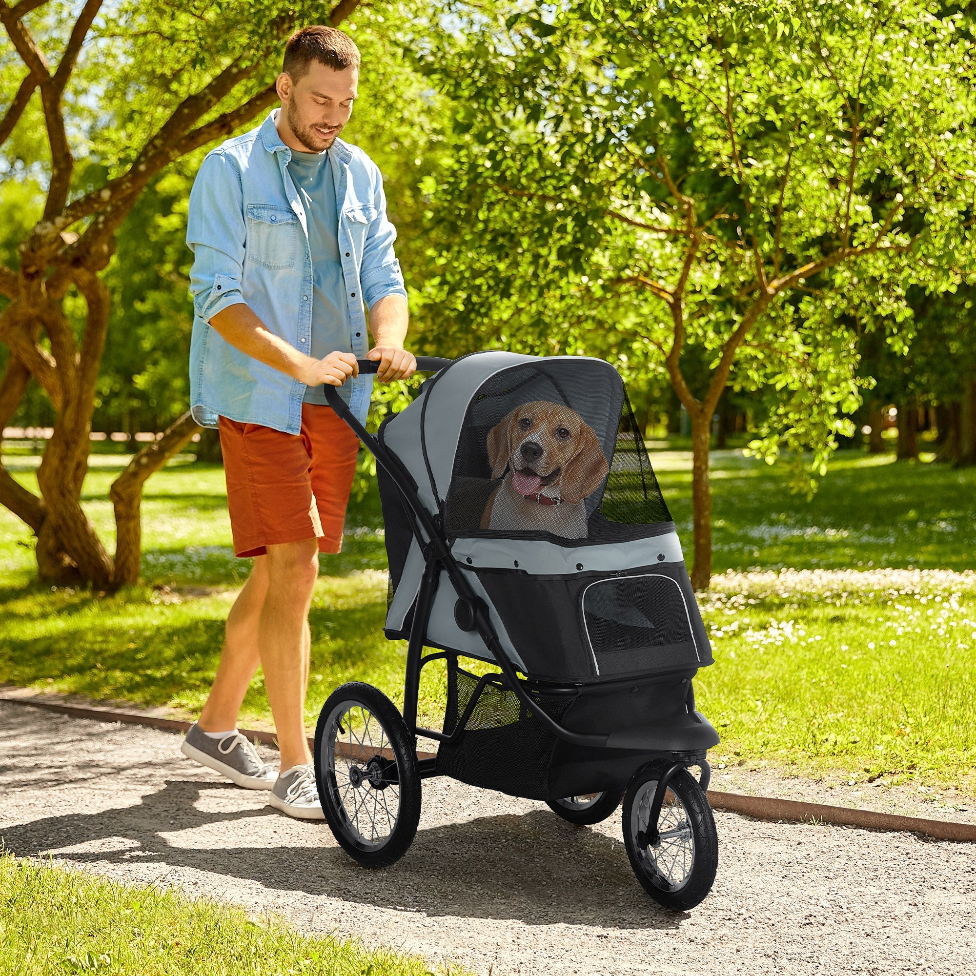 Pet Stroller Jogger for Medium Small Dogs, Foldable Cat Pram Dog Pushchair with Adjustable Canopy, 3 Big Wheels, Grey