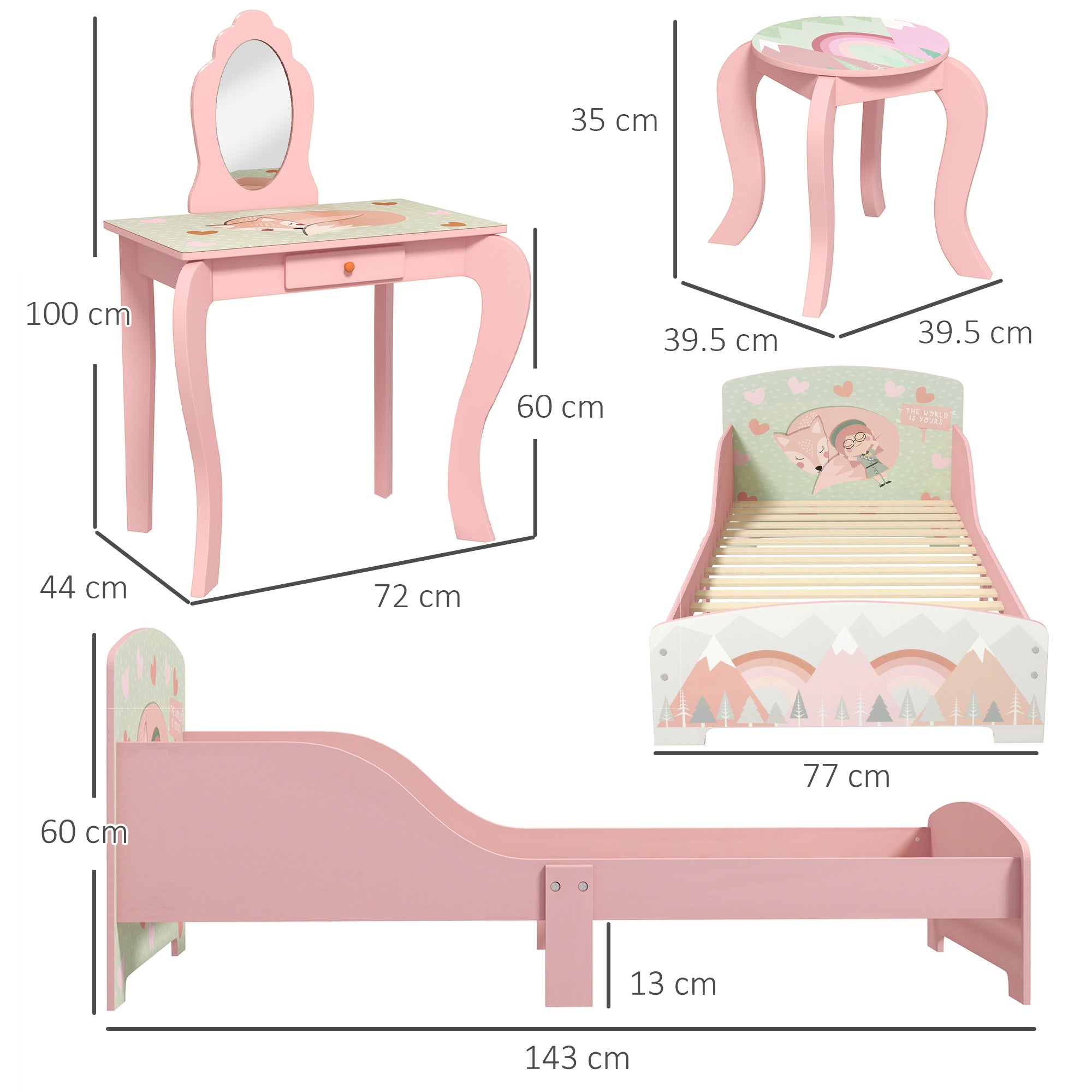 Toddler Bed Frame, Kids Dressing Table with Mirror and Stool, Cute Animal Design Kids Bedroom Furniture Set for Ages 3-6 Years, Pink