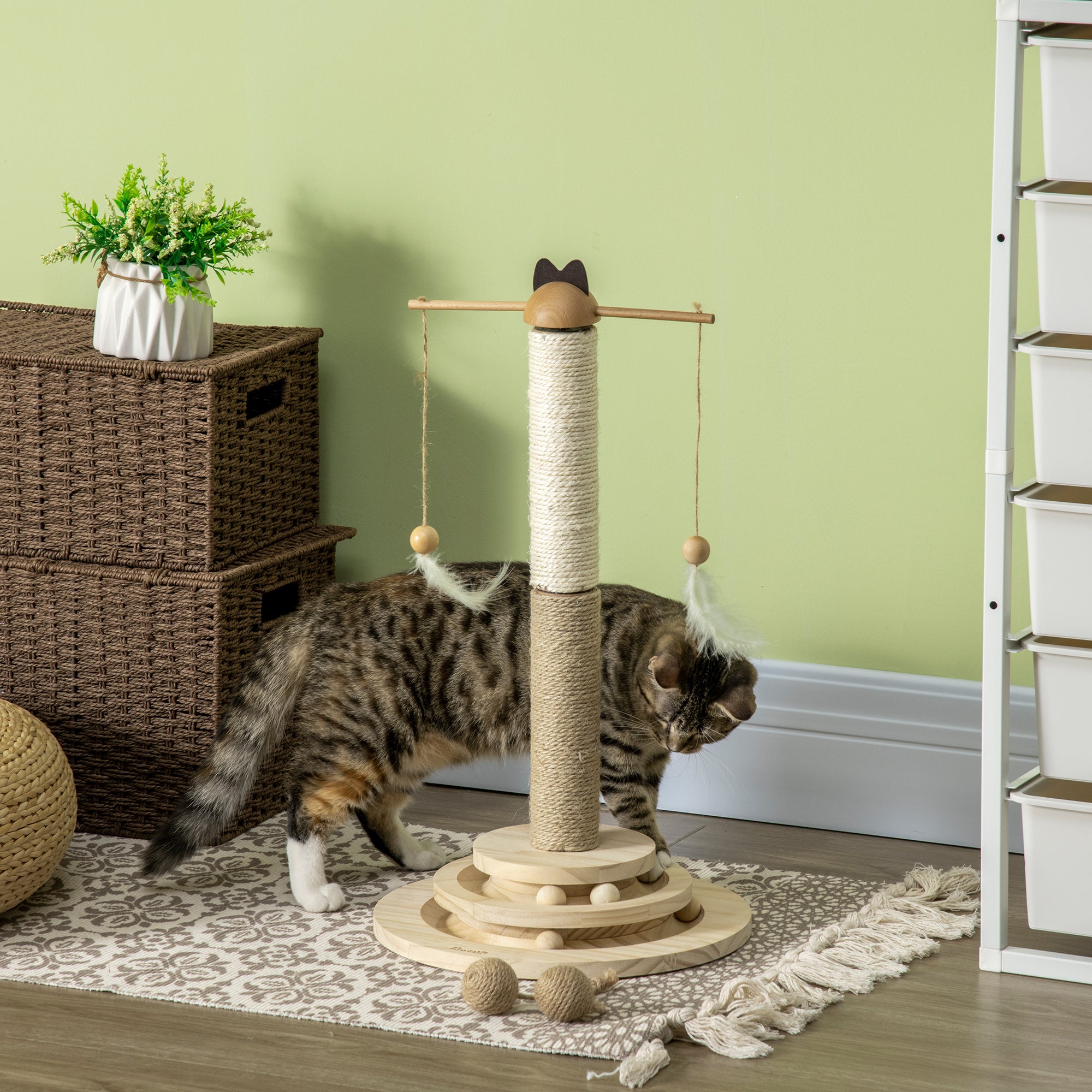 56cm Cat Tree, Kitty Activity Center with Turntable Interactive Ball Toy, Cat Tower with Jute & Sisal Scratching Post, Natural