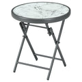 45cm Round Folding Outdoor Side Table with Imitation Marble Glass Top - White