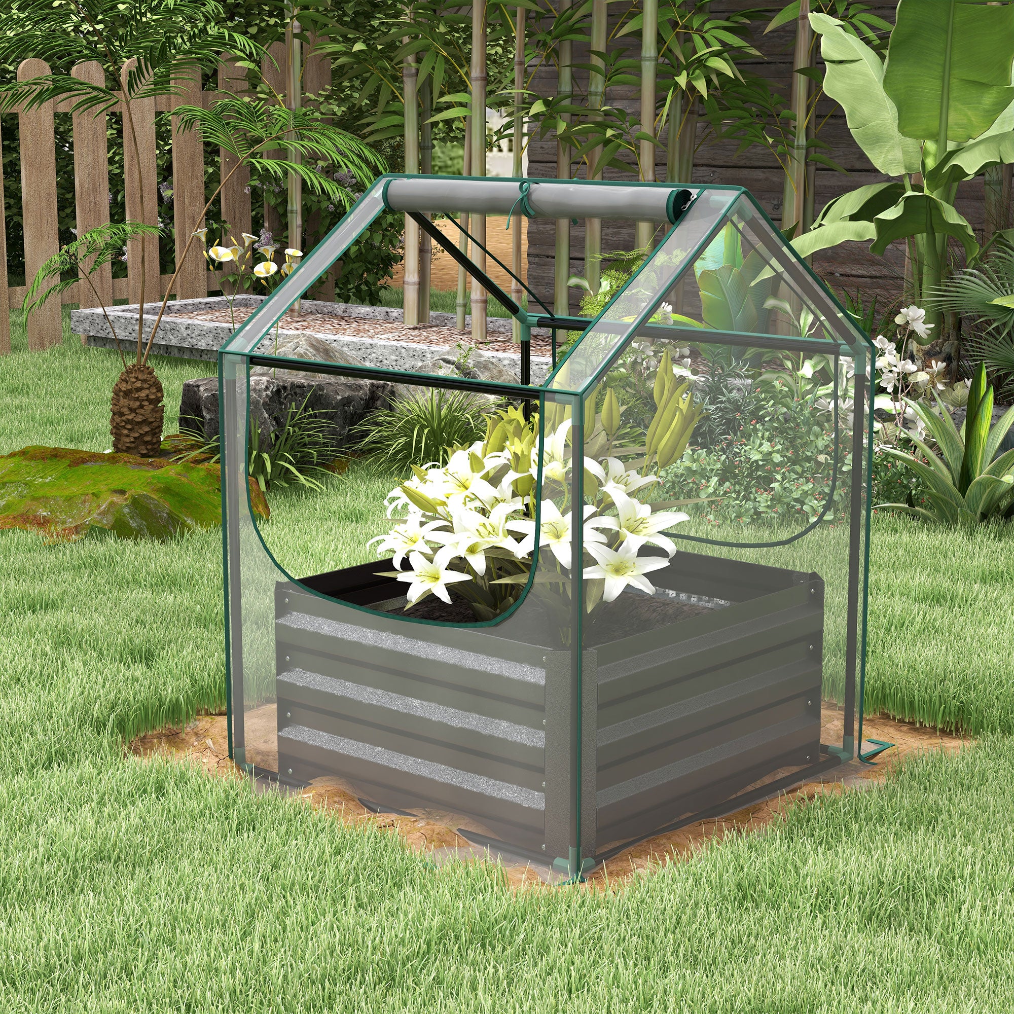 Metal Planter Box with Cover, Raised Garden Bed with Greenhouse, for Herbs and Vegetables, Clear and Dark Grey