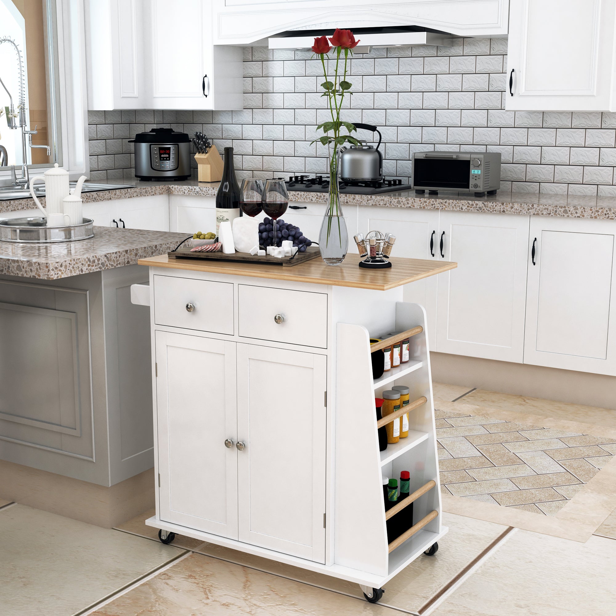 Kitchen Island Storage Cabinet Rolling Trolley with Rubber Wood Top, 3-Tier Spice Rack, Large Cabinet & Drawers