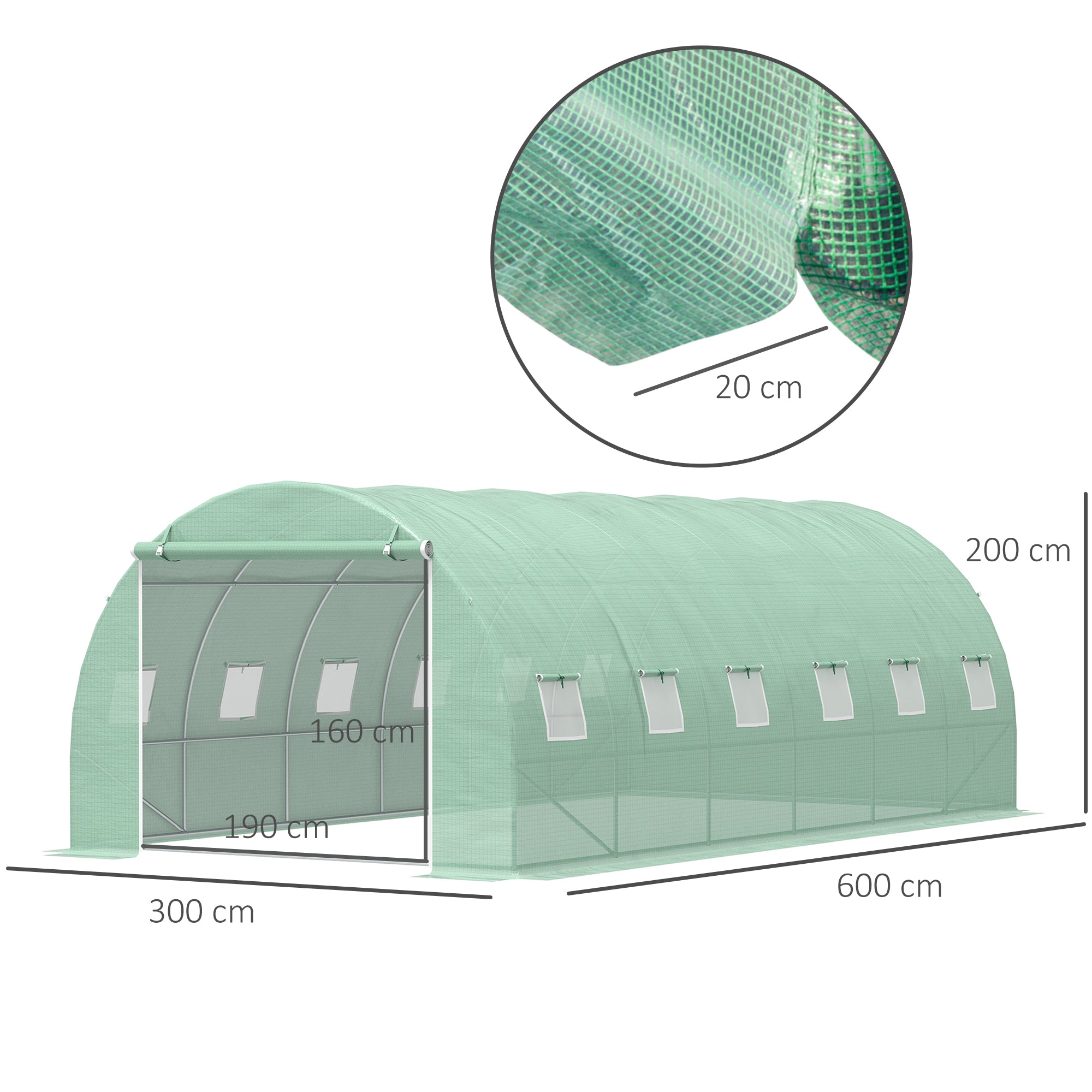 6 x 3 x 2 m Large Walk-In Greenhouse Garden Polytunnel Greenhouse with Steel Frame, Zippered Door and Roll Up Windows, Green