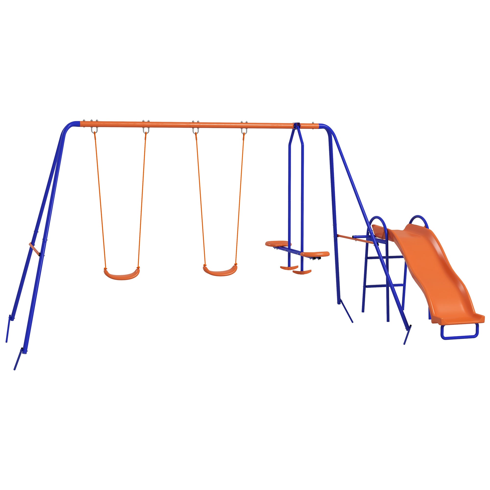 4 in 1 Metal Garden Swing Set with Double Swings Glider Slide Ladder Orange