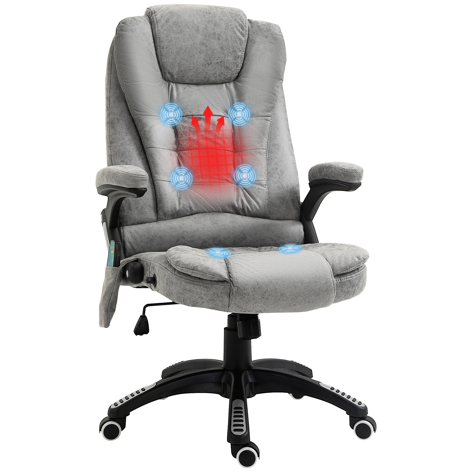 Massage Recliner Chair Heated Office Chair with Six Massage Points Microfiber Cloth 360° Swivel Wheels Grey