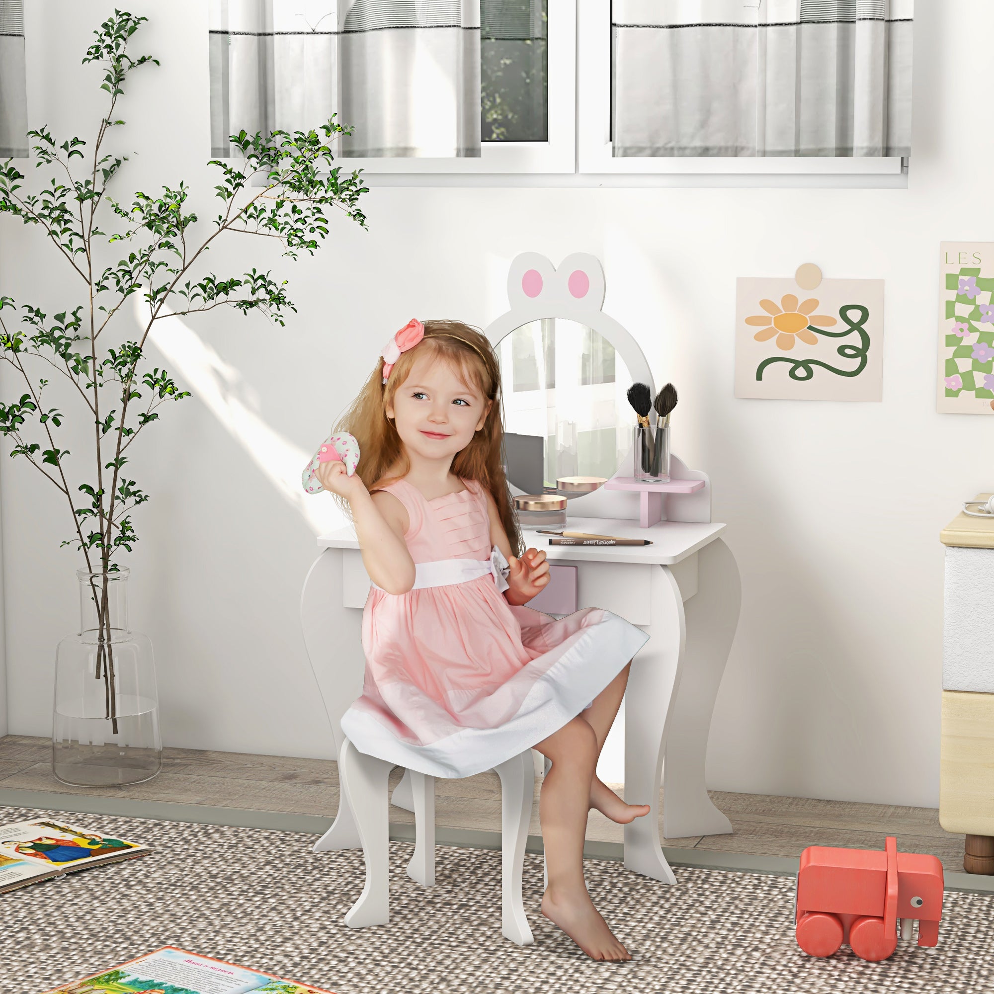 Bunny-Design Kids Dressing Table, with Mirror and Stool - White and Pink