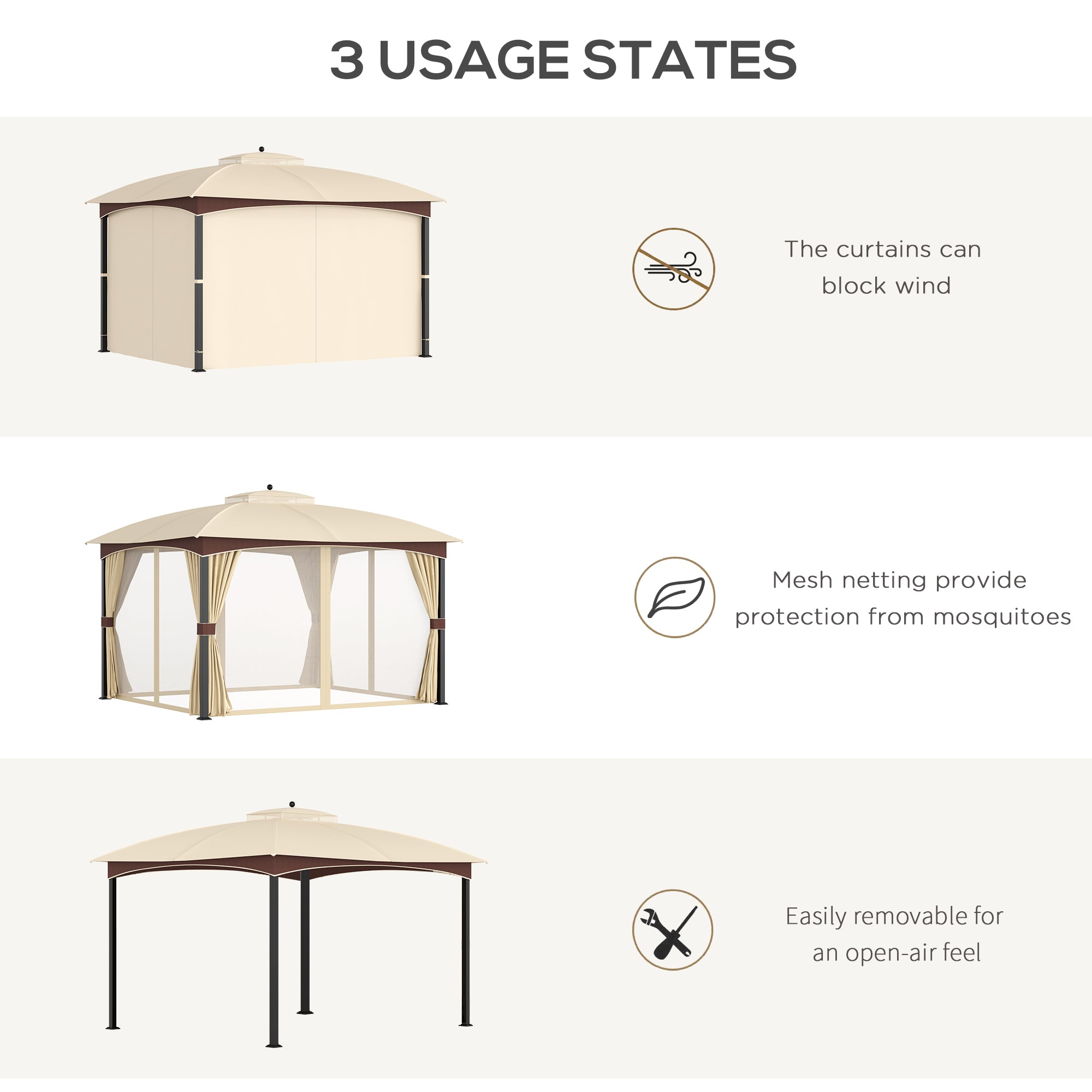 4 x 3(m) Patio Gazebo, Garden Canopy Shelter with Double Tier Roof, Removable Netting and Curtains for Lawn, Poolside, Khaki