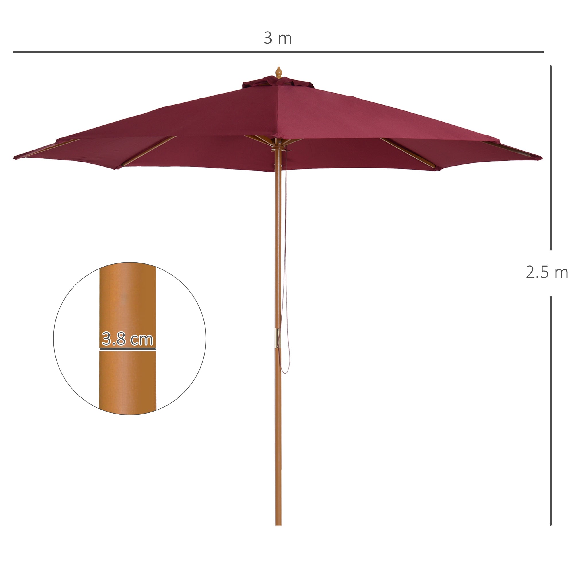 ⌀3m Bamboo Wooden Market Patio Umbrella Garden Parasol Outdoor Sunshade Canopy, 8-ribs,Wine Red