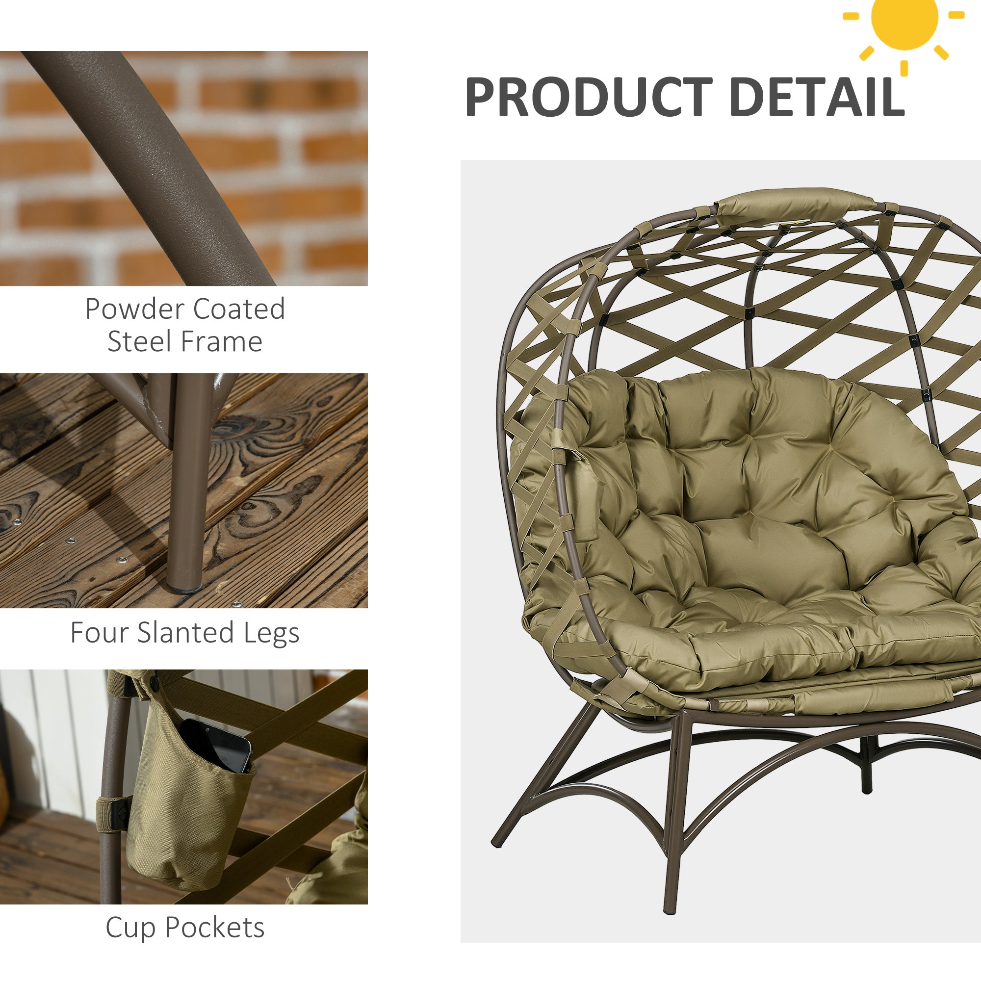 2 Seater Outdoor Egg Chair with Cushions and Cup Holders - Khaki