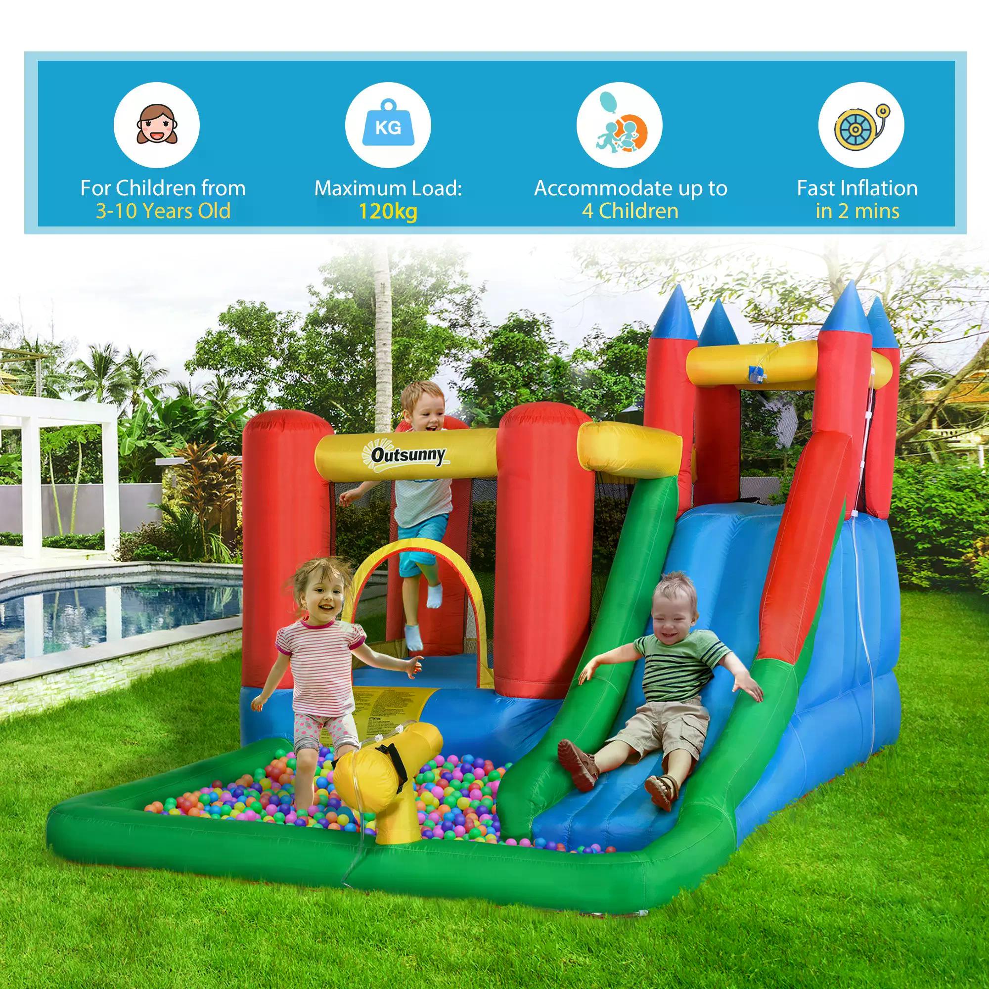 Kids Inflatable Bouncy Castle Water Slide 6 in 1 Bounce House Jumping Castle Water Pool Gun Climbing Wall Basket for Summer Playland