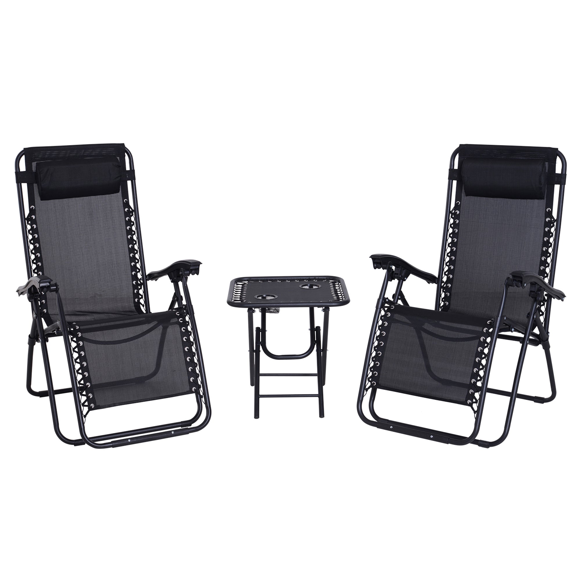 3pcs Folding Zero Gravity Chairs Sun Lounger Table Set w/ Cup Holders Reclining Garden Yard Pool, Black