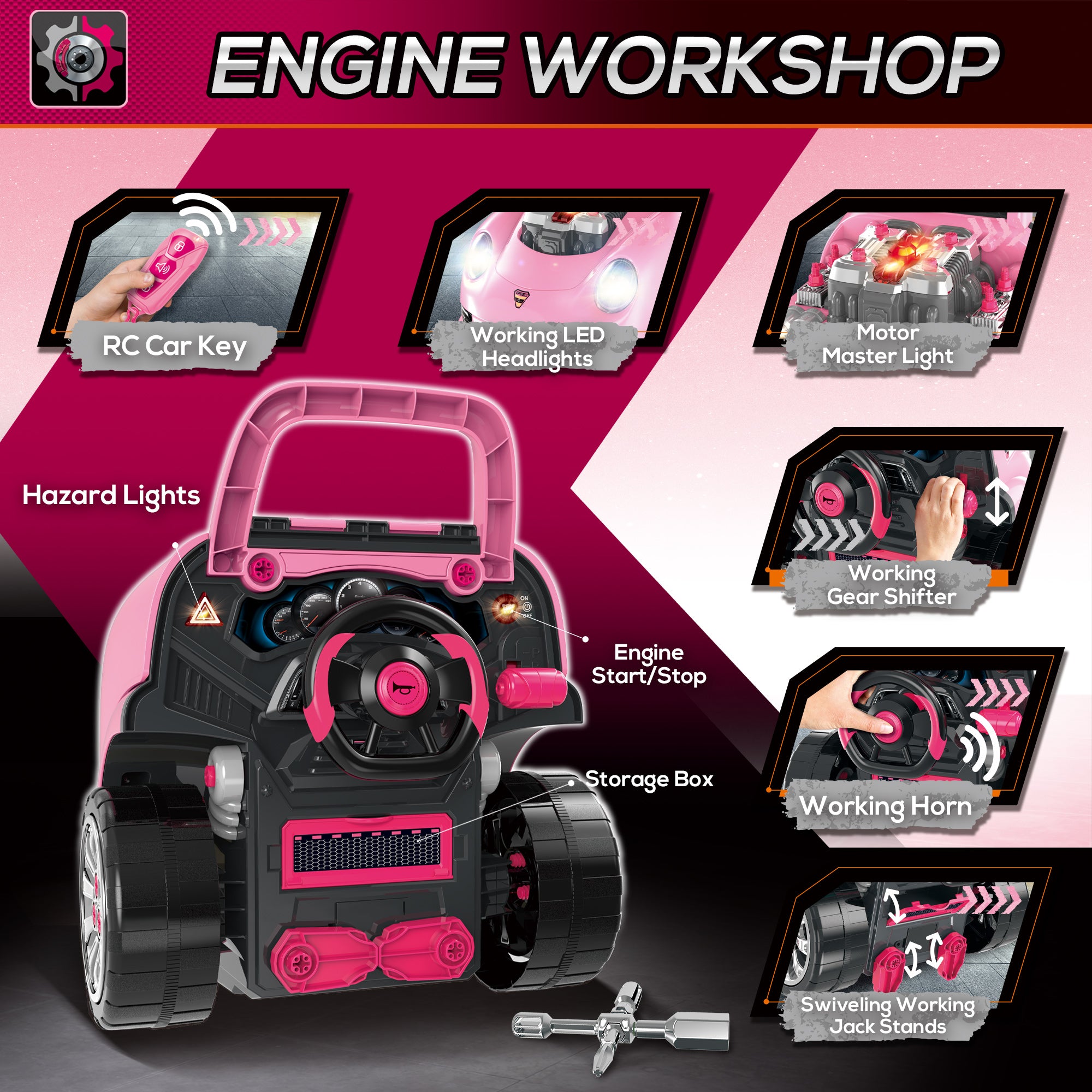 Kids Truck Engine Toy Set, with Horn, Light, Car Key, for Ages 3-5 Years - Pink