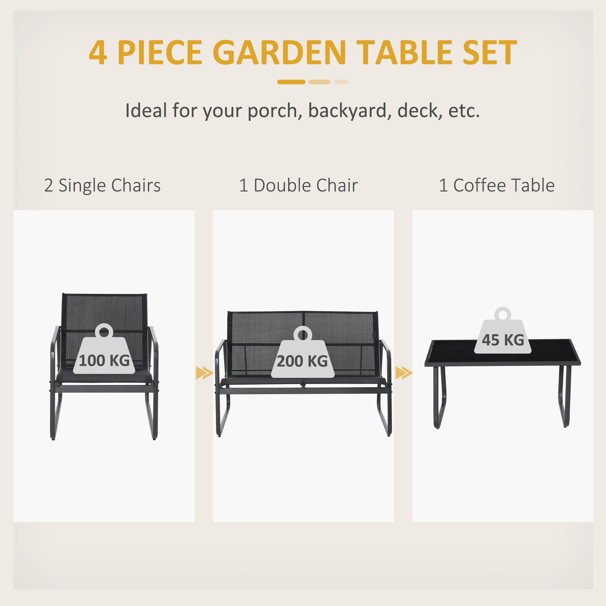 4 Piece Outdoor Garden Furniture Set with Double and Single Chairs & Glass Top Table - Black