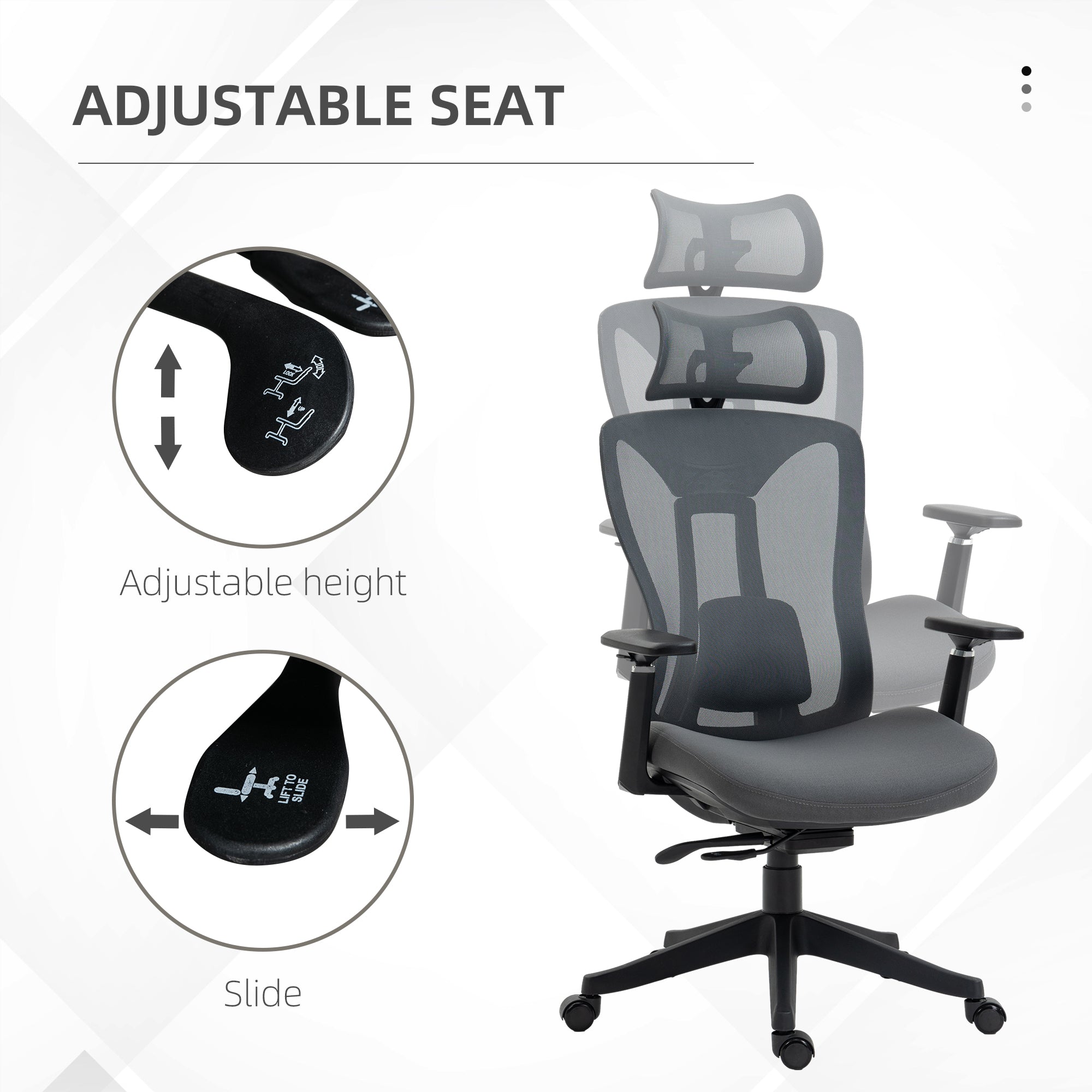 Mesh Office Chair, Reclining Desk Chair with Adjustable Headrest, Lumbar Support, 3D Armrest, Sliding Seat, Swivel Wheels, Grey