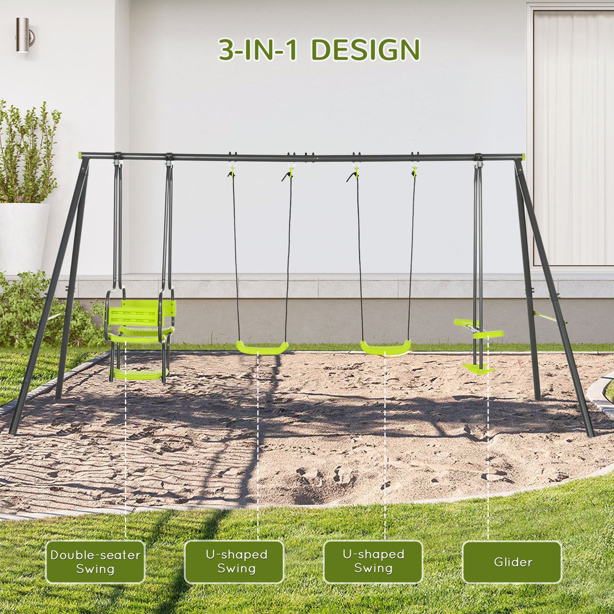 Metal Garden Swing Set with Double Swings Glider Swing Seats Green