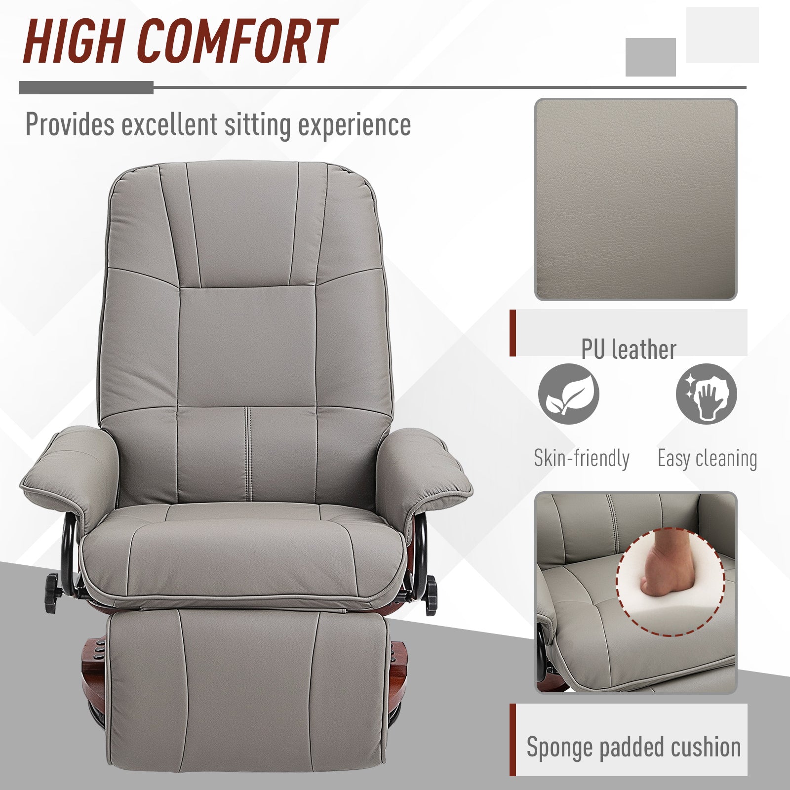 Manual Recliner Chair Armchair Sofa with Faux Leather Upholstered Wooden Base for Living Room Bedroom, Grey