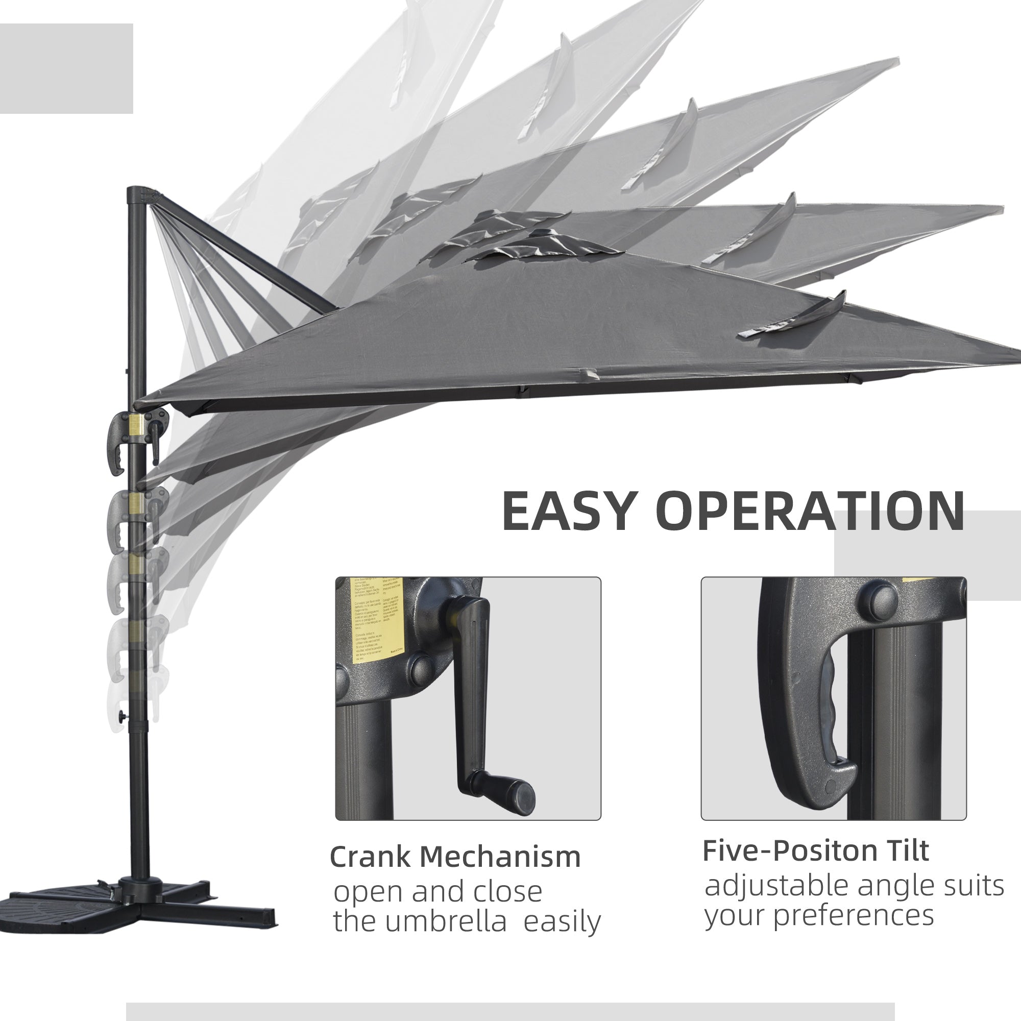 2.7 x 2.7 m Cantilever Parasol, Square Overhanging Umbrella with Cross Base, Crank Handle, Tilt, 360° Rotation and Aluminium Frame, Dark Grey